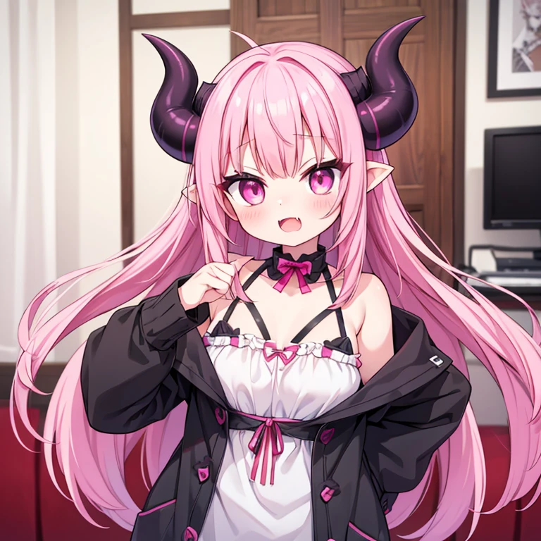 Cute succubus girl, pink Eyes, cute fangs, Upper Teeth, cute face, close-up, succubus horns, casual clothes, Upright ,whole body, pink hair, (whole bodyを描画する:1.2), I'm in a modern room, Upright, Standing