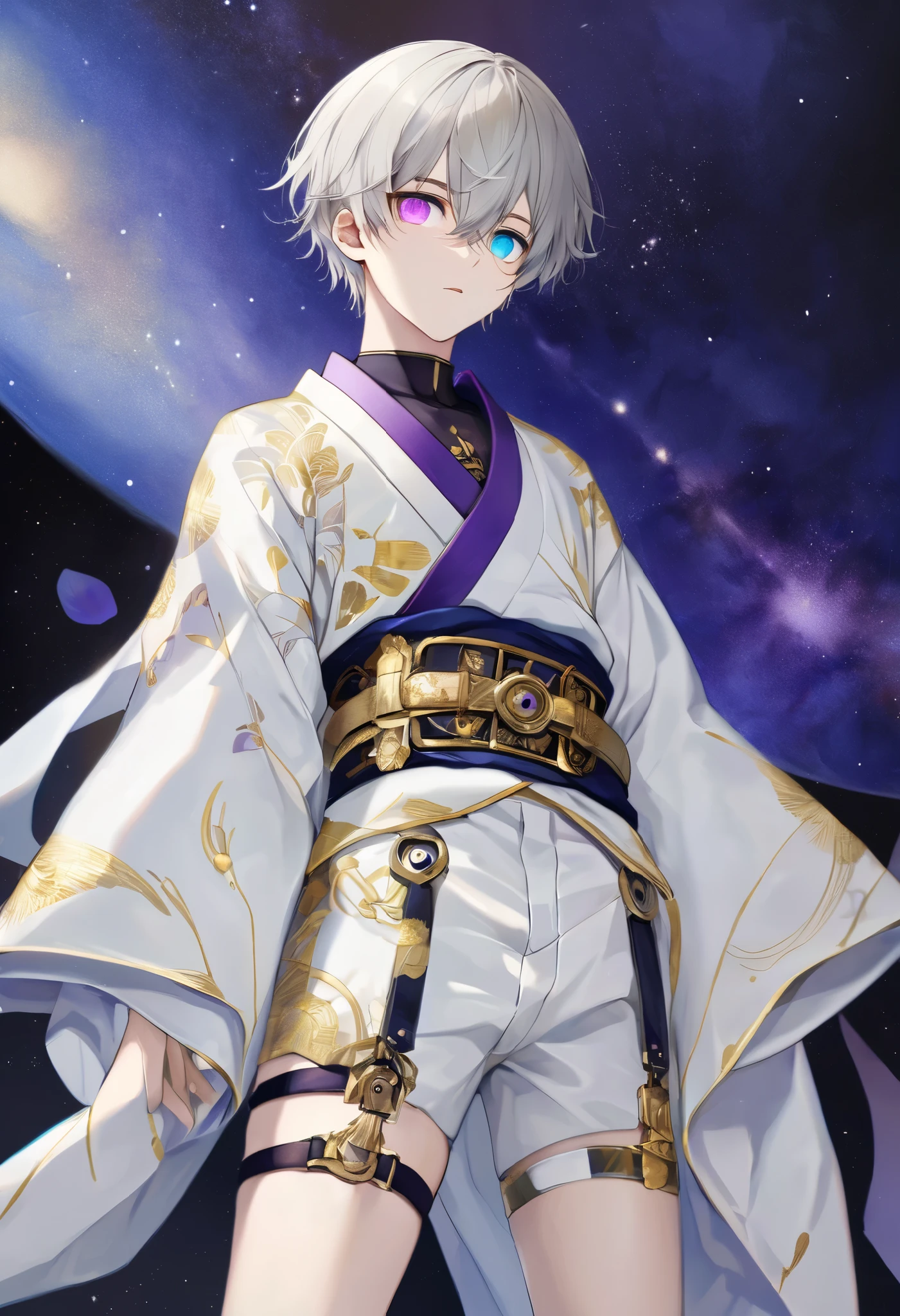  fresh illustration ,
Superfine painting,
 very delicate illustration ,
 Very fine details ,
 1 boy ,
(( standing))
Height: 158cm,
Beige Skin,
((The right iris is blue and the left iris is purple))
((Complete iris heterochromia )),
 beautiful eyes,
 large black pupils ,
 short hair,
Gray Hair,
 hair roots are bluish ,
 The hair has gradation ,
 shiny hair with makeup,
Beautiful and pretty face,
The small rear wheel that shines brightly floats above my head,
 raised eyebrows ,
 and is wearing a kimono on the upper body in kimono,
 Six Pack,
 lower body Nadres ,
The color of the belt is black ,
Overall white clothes ,
 The design is tastefully embroidered with gold thread,
 fine fabric clothing ,
I'm wearing a thigh strap,
 The thigh strap cuts into the skin,
 The tips of the white long boots are Japanese style ,
 thin waist,
 thin legs ,
Isometric,
Golden Ratio,
god々 like atmosphere,
 The undershirt is indigo-colored with a stand-up collar,
 outer space ,
Milky Way,
Little Star々 upper body ,
 tactical use of shadows ,
 rings of the head and hair do not stick out of the angle of view,
Clothes don't stick out of the angle of view ,
 body orientation is symmetrical ,
Clothes are symmetrical,
 facing the front,
(Knee Shot),