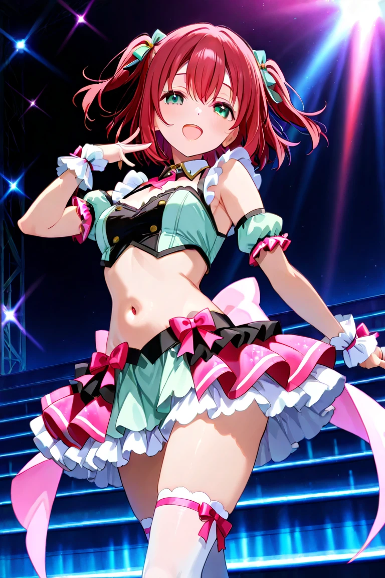 1girl, best quality, perfect hands, smile, red hair, very long hair, twintails, black hair bow, cyan eyes, hair ornament, idol, idol outfit, microphone, cute & girly (idolmaster), singing, short sleeves, black pleated skirt, very short skirt, white thighhighs, white garter straps, white beret, gloves, blush, shoulder cutout, bare shoulders, collarbone, off shoulder, navel, midriff, leg belt, crop top overhang, one eye closed, wink, heart hands, breasts out