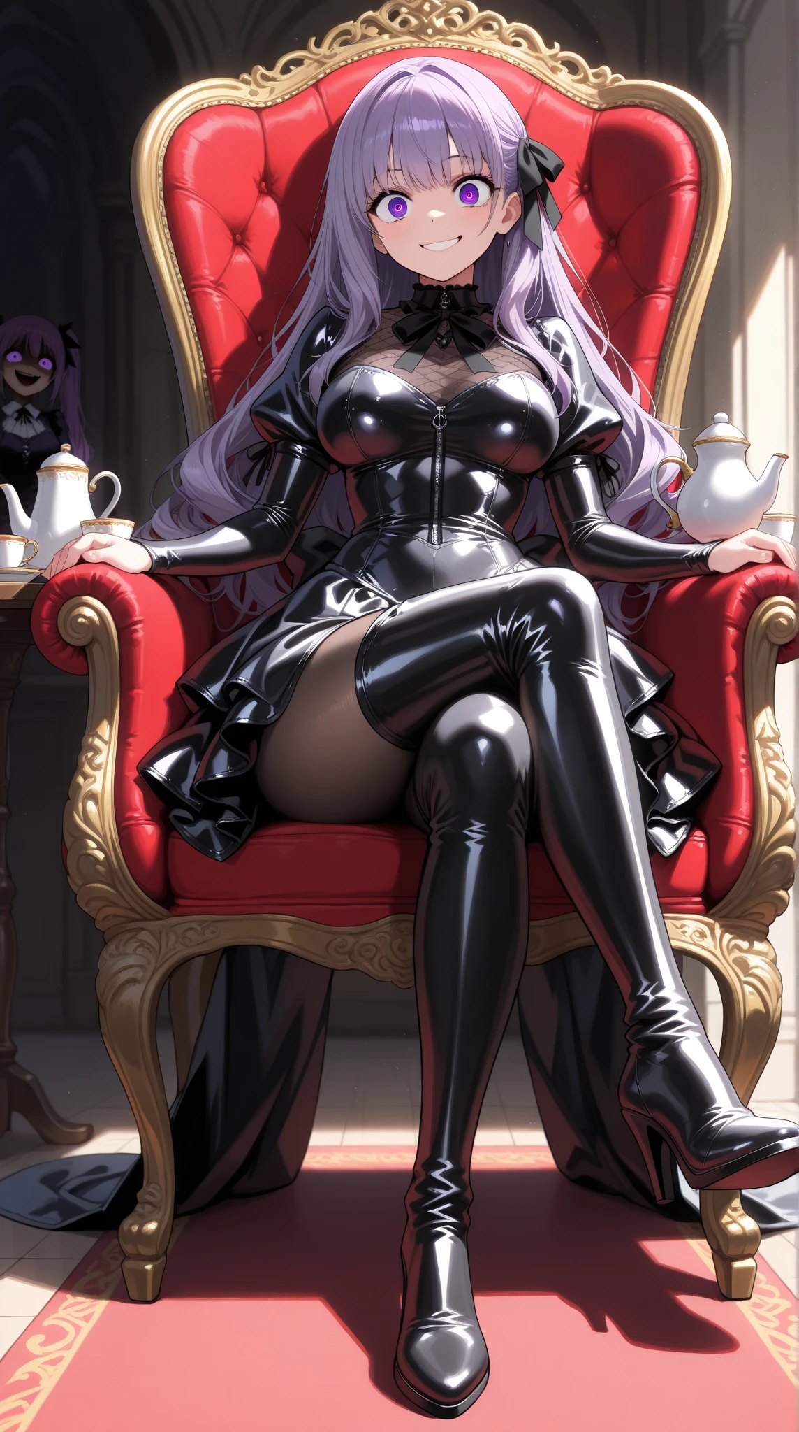 (best quality, masterpiece) A woman with long black hair wearing a tight pink vinyl catsuit is sensually posing on top of a (huge and creamy cake,:1.28) while (spreading her legs:1.2) and looking at the viewer with a playful yet desirable expression.