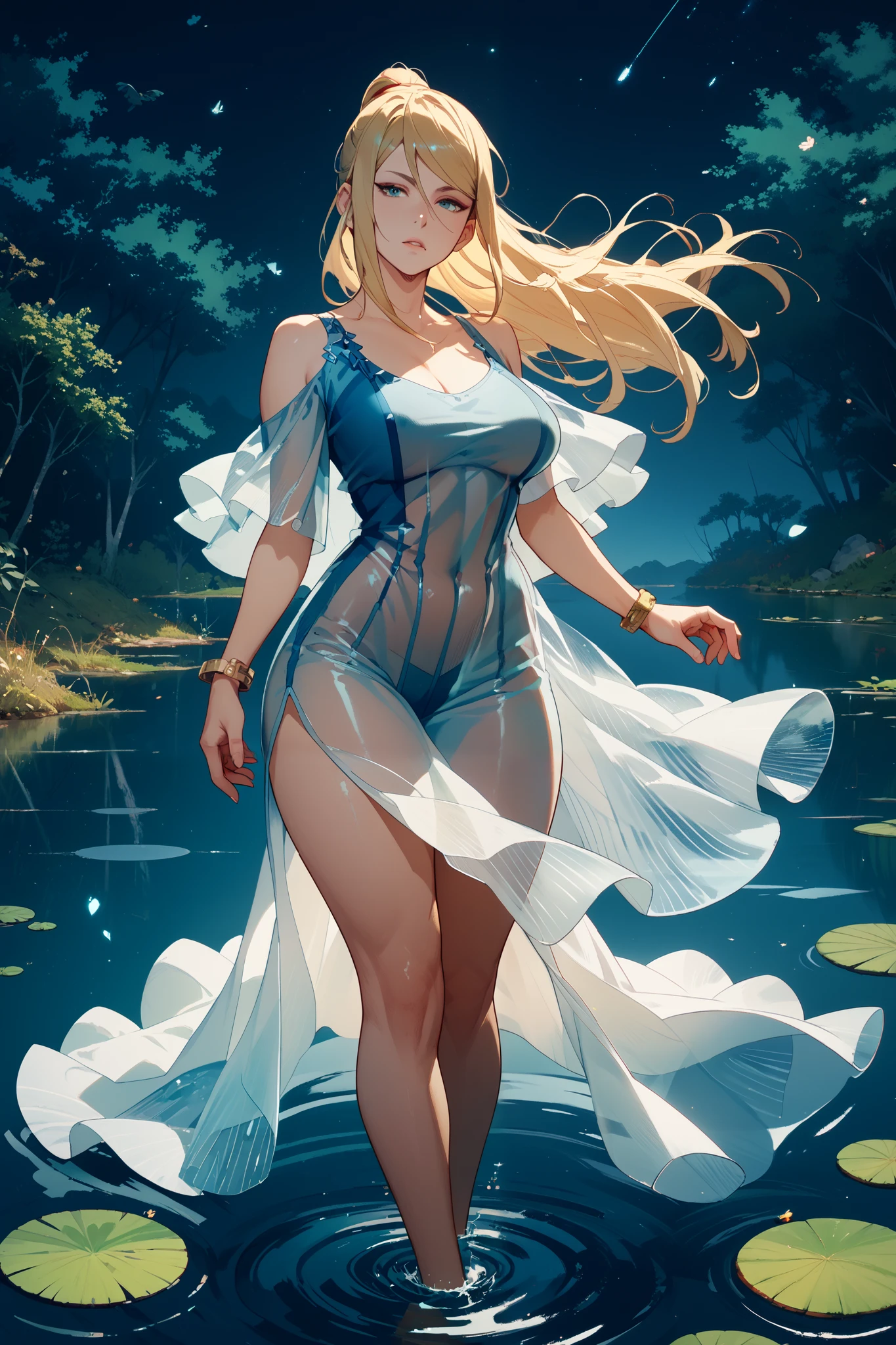masterpiece:1.6, best quality:1.4, real picture:1.2, intricate details:1.2, 1lady, (solo:1.5), Appearance: milf:1.25, slender:1.2, green eyes, small breast, flat chest, sharp eyes, Clothing: ( white maxi slip-on dress:1.2), wide-brimmed hat, strappy sandals, drenched, wet, (see-through:1.2) Accessories: golden ring, hoop earrings, shell necklace, oversized sunglasses, Hair: long blonde hair, messy hair, hair bow, hair ornament, Makeup: masacra, natural, glowing skin, Location: outdoors, nature, Behavior: ass, from behind, back, ButtLift, pose, ass support, grabbing own ass, full body standing straight, sandals
