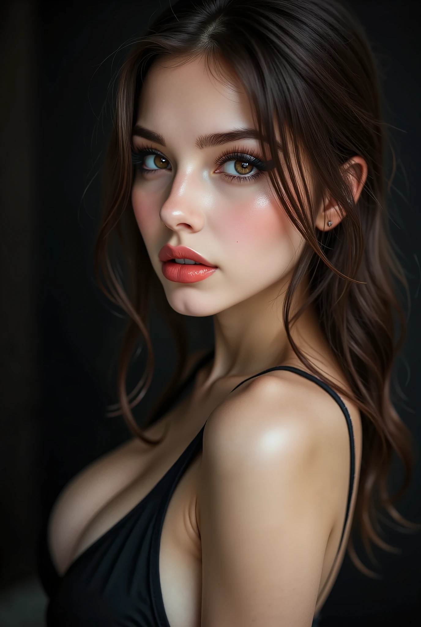 Realistic (photorealistic Realism), ((Ultra-realistic , ultra-high resolution)), ((Ultra-intricately detailed digital art)), professional photography, ((portrait)) a cute 1 Female, European, (ultra realistic texture details: velvety skin, hair),((close-up of her eyes:1.4)),((sharp focus, no blurr eyes, high resolution, absurd quality, Realistic brown_eyes:1.4),intricately detail:1.35),((extremely fine details eyes))((extra narrow eyebrows))(Carefully draw Long blue_eyelashes:1.2)(perfect round eyes:1.3).((finely detailed pupils:1.3))((extremely fine details pupils:1.3))((extremely fine details iris of the eyes:1.35))(Shining, mesmerizing, Vibrant eyes:1.22).(professional makeup:1.4)((perfect dark_eyeshadows:1.4)),detailed lips:1.3,(apply glossy red_lipstick:1.3)(pink_makeup:1.28), (beautiful little nose), (perfect proportions:1.2),(small head),(anatomically correct), perfect female body, (Very beautiful, detailed face :1.38)、((very detailed lips: 1.21)、(very detailed nose: 1.2)、((small head: 1.4))、((High Contrast))、((Erotic:1.6)), ((random expressions))、((firm full breasts:1.35)), (narrow waist:1.3), medium ass, beautiful cheekbones, (slim belly: 1.3), ((well-muscled body:1.3)), ((slim face)), ((anatomically correct))、(professional lighting)、((water gushing from above:1.15)), ((wet whole body and soaked hair:1.25)), ((thick layer of foam from large bubbles in all intimate areas: 1.25)), ((bent:1.3)), looking up, ((side shot)), ((shot from above:1.3)), ((body shot to knees))、