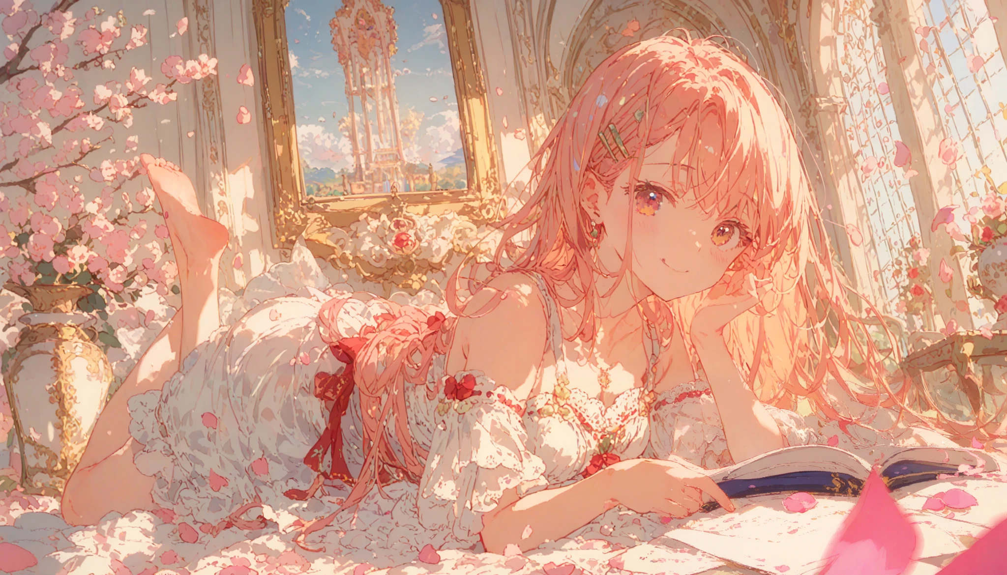 ((best quality)), ((masterpiece)), (detailed), perfect face, cute girl, has pink petals around her, has a sakura hair clip, full body