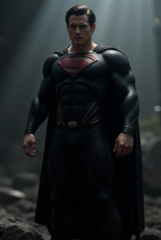 Superman is standing with his snake emblem symbol with a python annaconda and black theme on his chest, his costume is a black.