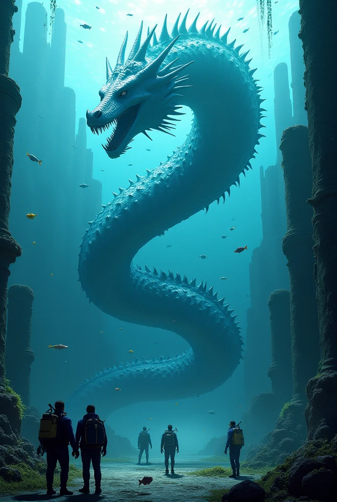 A gigantic and monstrous serpent at the bottom of the ocean, com escamas Ablazes e olhos penetrantes, as a feared and indomitable chaotic force, the personification of the salty ocean, a sea serpent of gigantic proportions, chaotic and primordial nature, representing the forces of chaos and the watery abyss, she dwells in the depths of the Abyss, an underground kingdom of darkness and turmoil, PICTURE REALISTIC, photo realist, professional foto, perfect contours, hight contrast, High definition, high saturation, High- sharpness, best qualityer, Ablaze