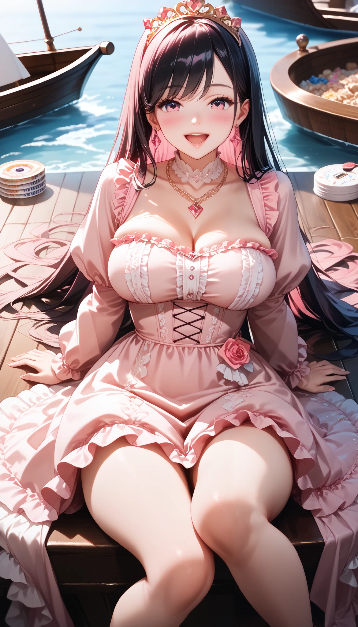 Best quality, masterpiece, ultra high res, raw photo, beautiful and aesthetic, deep shadow, fairy theme,(ultra detailed:1.3),
1girl, sexy pose, headdress, (beautiful face, detailed eye:1.2), embarrassed, drill hair, long hair, blonde hair, gradient hair, yellow eyes, solo, (busty breasts, gigantic breasts:1.1), big hair, blue hair, divine goddess, looking at viewer, indoors, royal palace, luxurious bedroom, room full of curtain, astraea, full body, strawberry prints, dress,navel, frills 