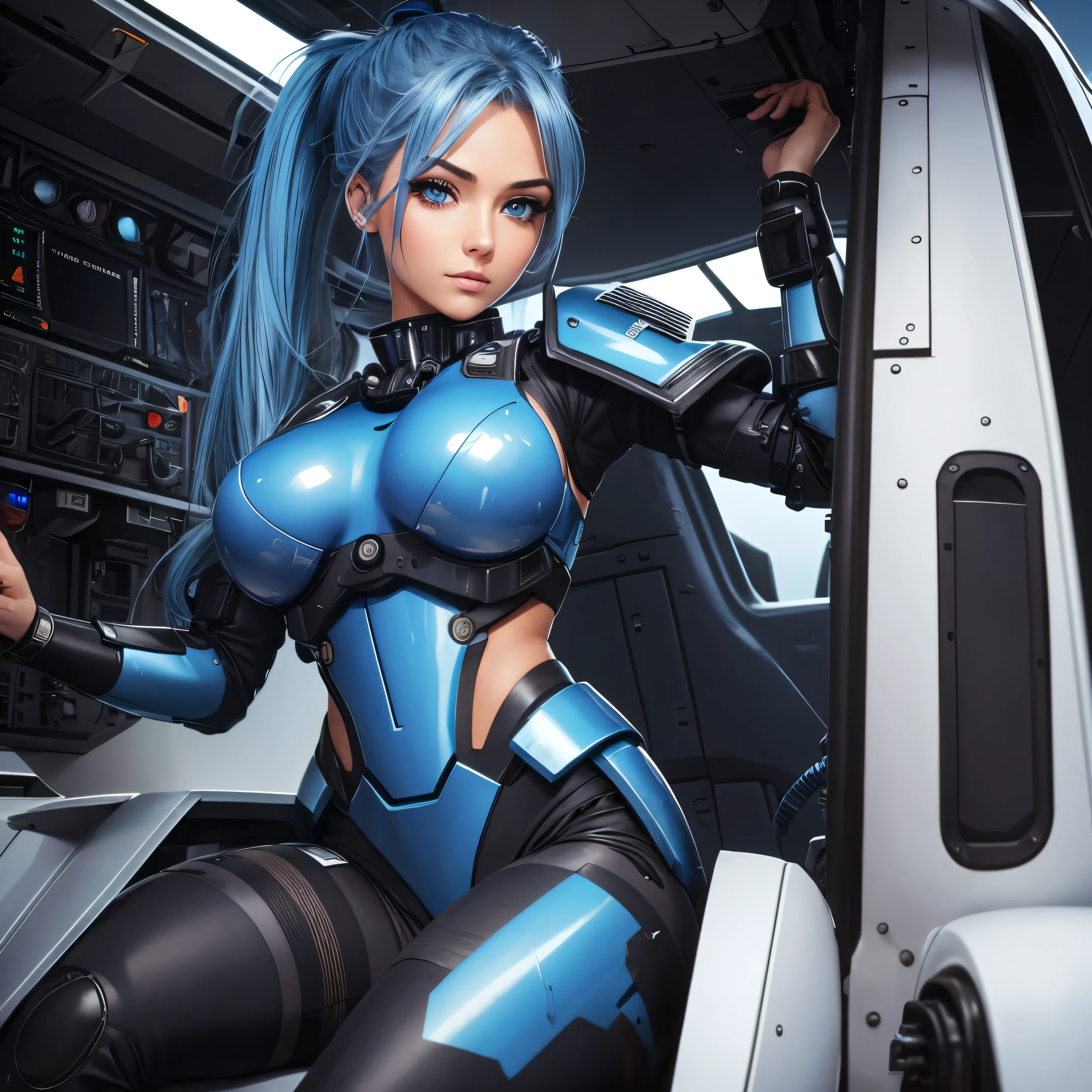 UHD with stunning details, style inspired by Shadow of the Colossus, Mass Effect and Monster Hunter. | A stunning 30-year-old woman wears white cybernetic armor with blue details and black robotic parts, fitted perfectly to her body. Her short blue hair, with two pigtails and bangs over her right eye, adds a touch of uniqueness. Inside an alien aircraft, surrounded by advanced technology, she adopts a dynamic pose, reclining in a captivating manner. The scene is full of large technological alien structures, computers and futuristic windows. The camera, positioned very close, highlights the main character’s entire body. | {The camera is positioned very close to her, revealing her entire body as she adopts a dynamic_pose, leaning back in a dynamic way} | ((perfect_pose):1), ((full body)), ((hands_with_5_fingers):1), ((perfect_fingers):1), ((perfect_legs):1), better_hands, More_Detail.