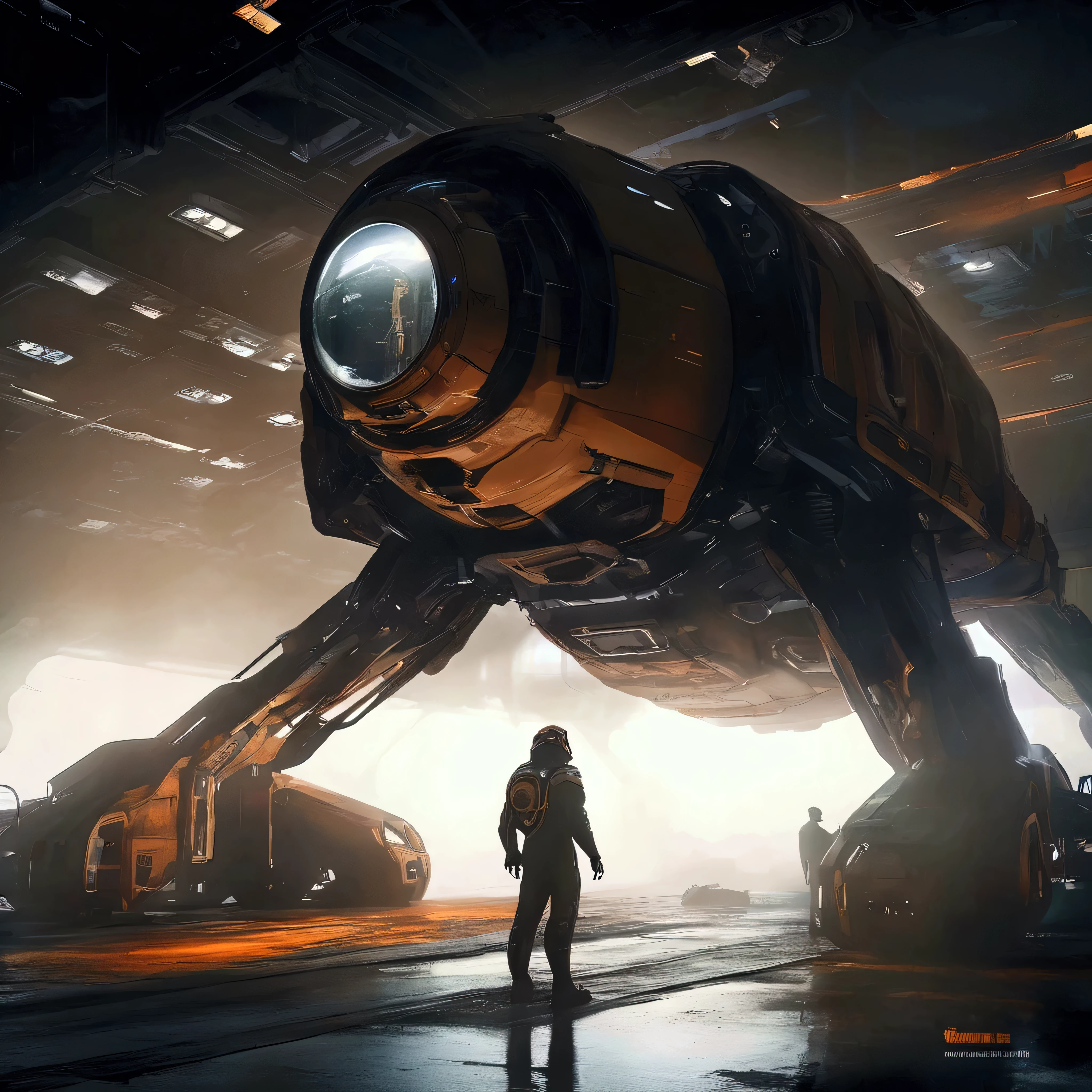 A huge, spherical, sci-fi engine sits in a dark hangar.
It is equipped with futuristic mechanical armament.
The engine has a heavy, black exterior, with its internal parts and ring-shaped sections glowing orange.
There are numerous futuristic mechanical details around it, giving it a sophisticated industrial design.
An armed person stands with their back to the engine, as if observing it.
The person is wearing a space suit or a futuristic suit, and the overall atmosphere is cinematic and heavy.
The dark, mysterious lighting illuminates the dust and thin mist in the air, creating a visual that is like a scene from a sci-fi movie.