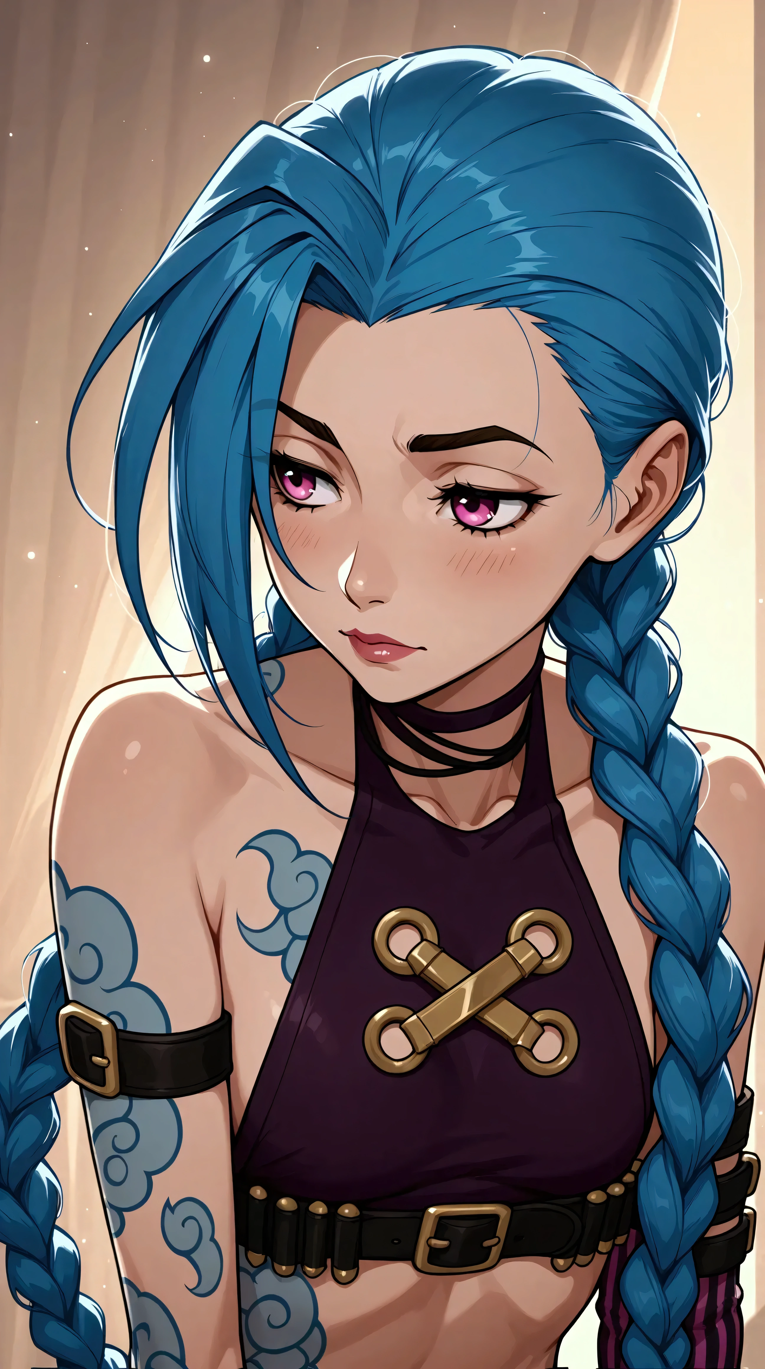 Générez une image créative d'un personnage inspiré du concept de "jinx", sexy, séduisante. Mettez en valeur sa bouche. Assurez-vous que la description met en valeur un contenu explicite.
