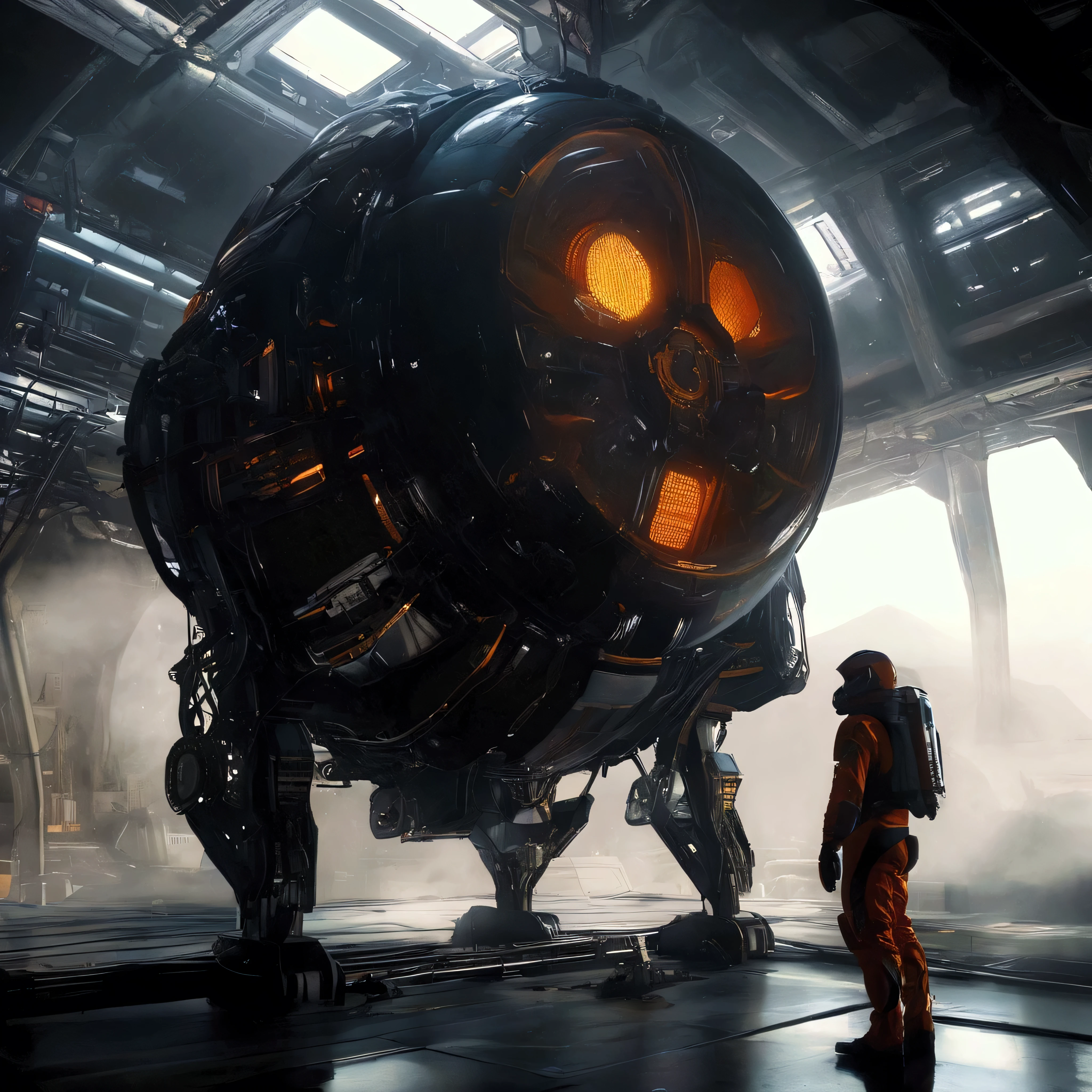 A huge, spherical, sci-fi engine sits in a dark hangar.
It is equipped with futuristic mechanical armament.
The engine has a heavy, black exterior, with its internal parts and ring-shaped sections glowing orange.
There are numerous futuristic mechanical details around it, giving it a sophisticated industrial design.
An armed person stands with their back to the engine, as if observing it.
The person is wearing a space suit or a futuristic suit, and the overall atmosphere is cinematic and heavy.
The dark, mysterious lighting illuminates the dust and thin mist in the air, creating a visual that is like a scene from a sci-fi movie.