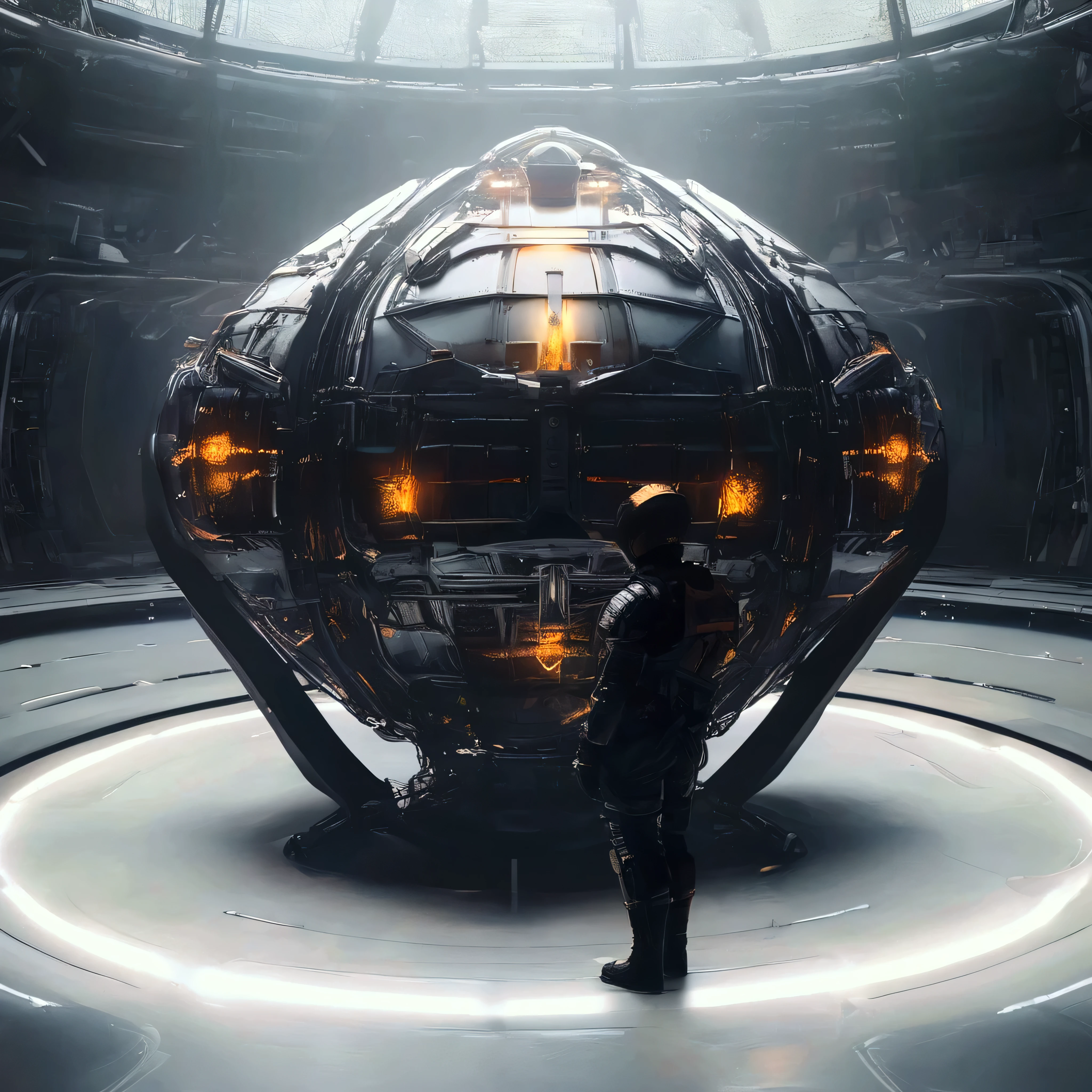 A huge, spherical, sci-fi engine sits in a dark hangar.
It is equipped with futuristic mechanical armament.
The engine has a heavy, black exterior, with its internal parts and ring-shaped sections glowing orange.
There are numerous futuristic mechanical details around it, giving it a sophisticated industrial design.
An armed person stands with their back to the engine, as if observing it.
The person is wearing a space suit or a futuristic suit, and the overall atmosphere is cinematic and heavy.
The dark, mysterious lighting illuminates the dust and thin mist in the air, creating a visual that is like a scene from a sci-fi movie.