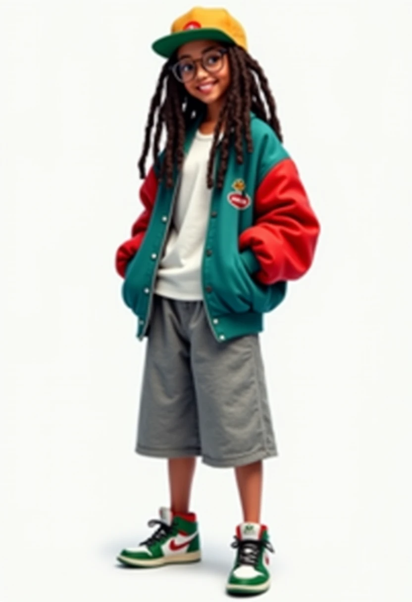 (obra-prima), (melhor qualidade), (ultra-detalhado), (corpo inteiro: 1.2) cute boy, touca, moletom preto, pants, jaqueta, blouse, sorriso claro, corpo inteiro, :3, cabelo multicolor moderno, Modern accessories, fundo tom pastel , colorido e simples.