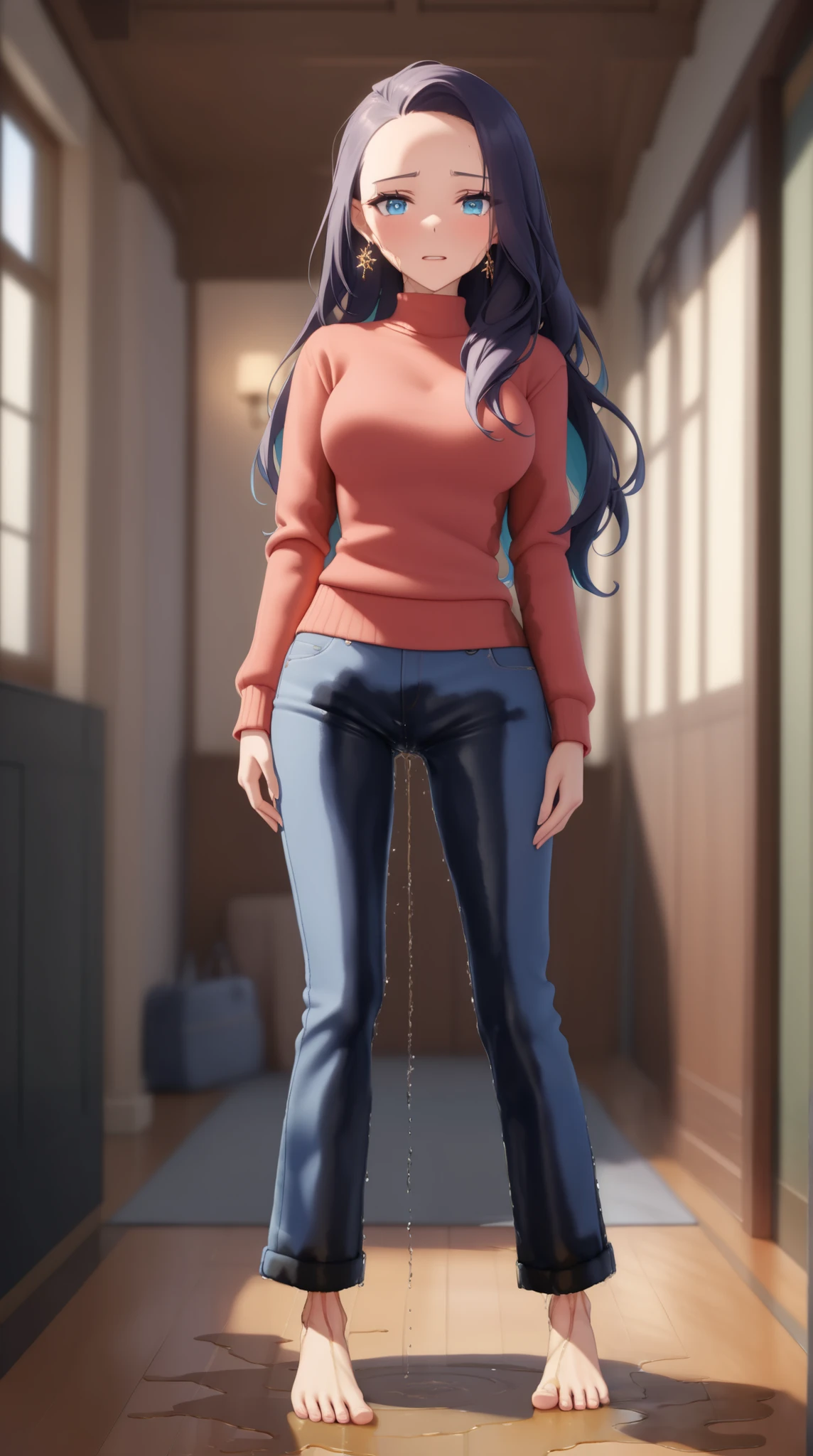 ((best quality, masterpiece:1.3, 8K)), (detailed), highly detailed face and skin texture, detailed eyes, downtown, full body, slender body, 1girl, 25 years old, white skin, blue eyes, worried, embarrassed, long hair, (forehead:0.8), (stylish top:1.2), denim pants, blue jeans, footwear, peeing jeans, peeing pants, pee stain, (wetting herself), desperation,
