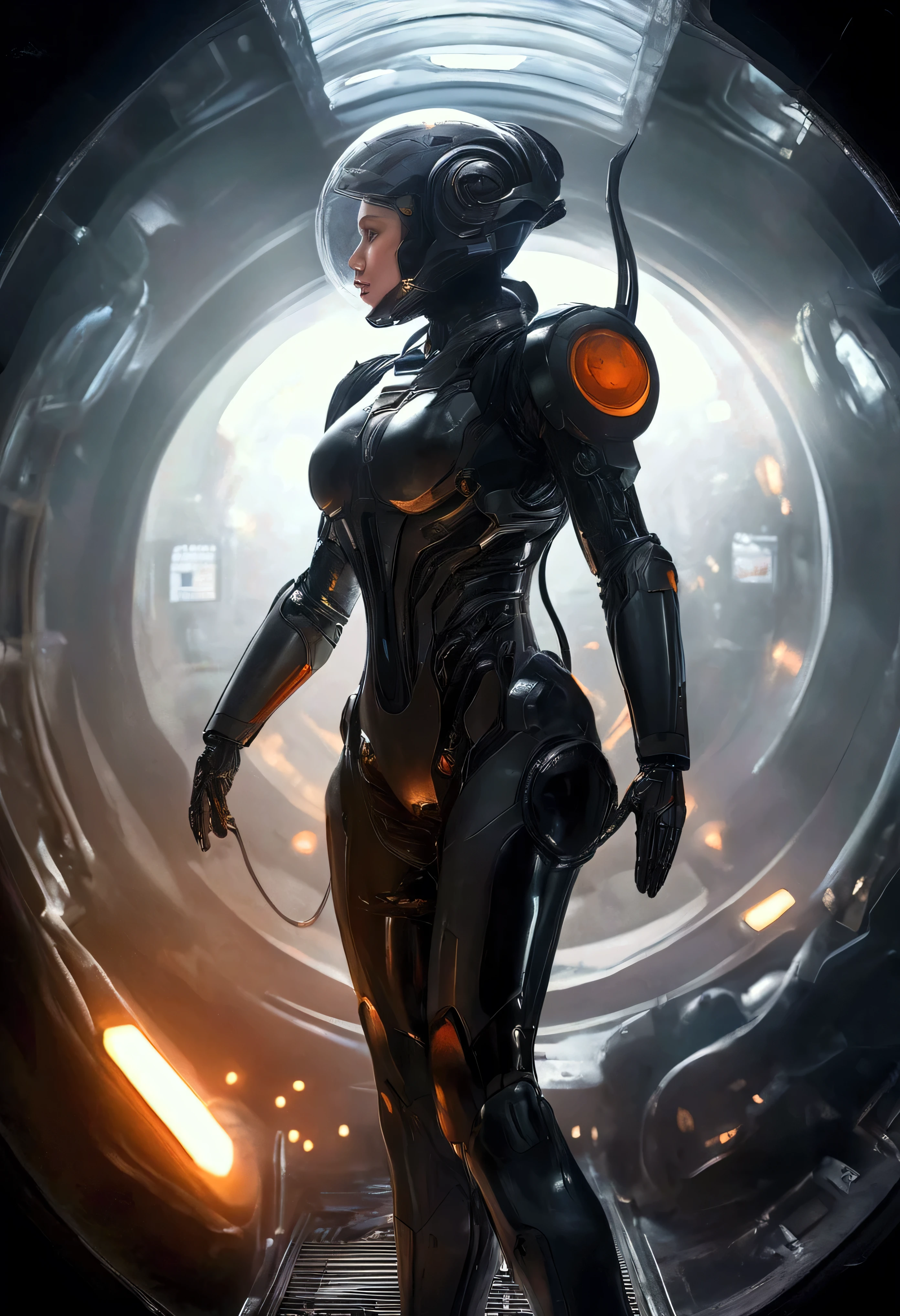 A huge, spherical, sci-fi engine sits in a dark hangar.
It is equipped with futuristic mechanical armament.
The engine has a heavy, black exterior, with its internal parts and ring-shaped sections glowing orange.
There are numerous futuristic mechanical details around it, giving it a sophisticated industrial design.
An armed girl stands with her back to the viewer, as if observing the engine.
The person is wearing a space suit or a futuristic suit, and the overall atmosphere is cinematic and heavy.
The dark, mysterious lighting illuminates the dust and thin mist in the air, creating a visual that is like a scene from a sci-fi movie.