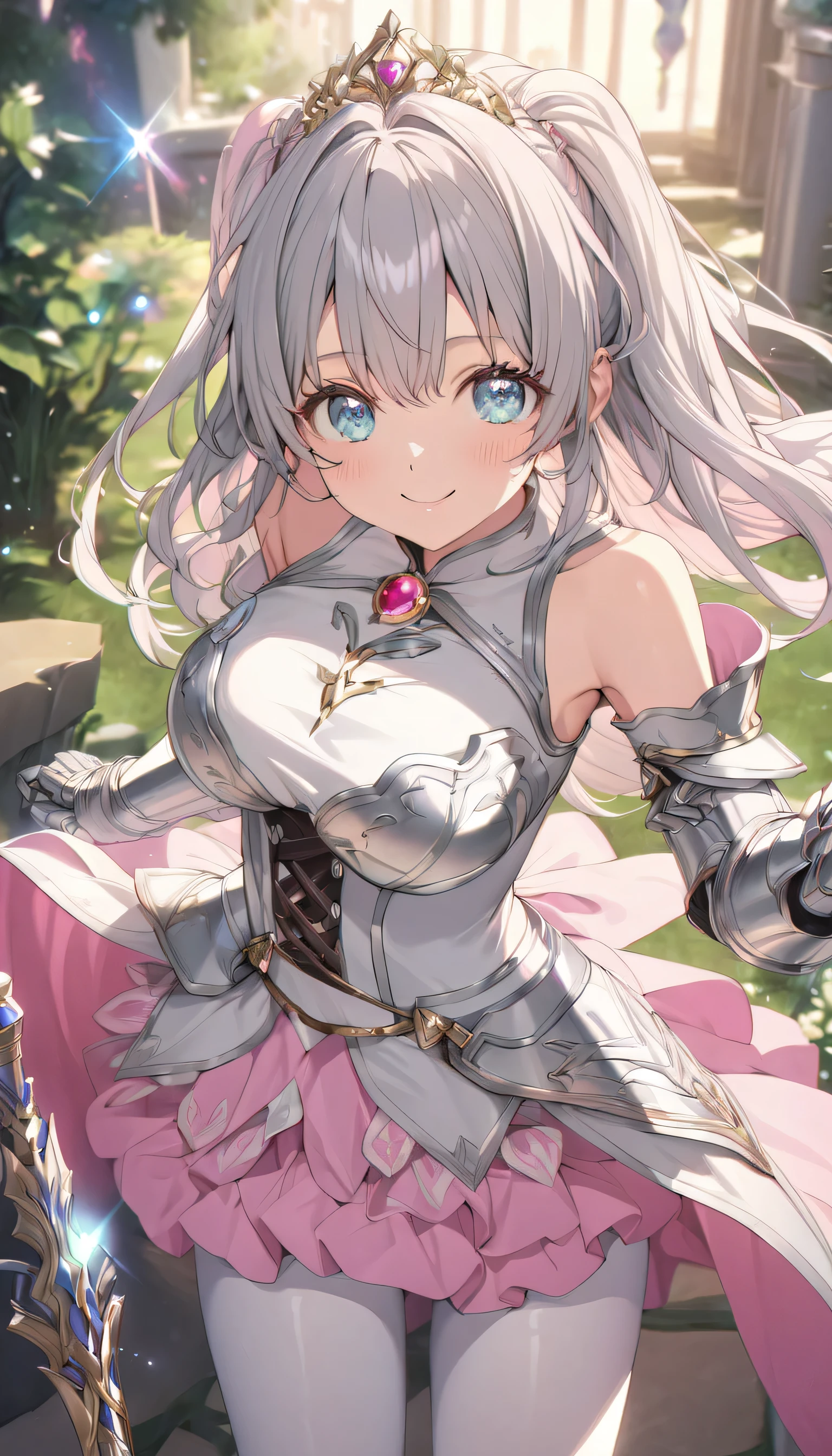 ((ultra-detailed)), (highly detailed CG illustration), (best quality:1.2), ultra-highly detailed, colorful composition, artistic photoshoot, solo focus, cowboy shot, moe anime character, age girl, dainty facial structure, babyface, round face, rounded chin, ideal ratio body proportions, celia-default, celia claire, blue eyes, sparkle eyes, long silver hair, huge breasts, fantasy motif princess knight costume with sword weapon, matching design of pearl white metal plate armor and pastel pink dress, (white metal plate armor covers entire body:1.2), princess tiara decorated with beautiful jewels, wear elegant and beautifully decorated pearl white metal plate armor over a elegant pastel pink princess dress, white metal armor texture with an elegant luster, elaborate gold decorations, elizabeth color with jewelry brooch, hanging a fantasy motif long sword sheath around walst, (bare shoulder, cold shoulder, bare thighs), ((matching design white metal gauntlet with gold decoration, armed covers from elbow to wrist:1.2)), white metal heeled boots with gold decoration, corset shaped waist parts, lace-up, ribbon decoration, white pantyhose, pastel pink lace flared skirt, (layered skirt-hem), white tulle lace on skirt, wide A-line, mini skirt, long cape made of organza material with a beautiful gradation of white and pink, dynamic pose, standing by the victorian garden, beautiful detailed sky, expecting, pink cheek, blush, pink gloss slip, portrait, depth of field, soft lighting, sidelighting, (shine), lighting, caustics, ray tracing, smile, lustrous skin, highly detailed face, highly detailed eyes, perfect nose, perfect anatomy, beautiful hair, beautiful small face, beautiful detailed eyes, beautiful clavicle, beautiful body, beautiful breasts, leavage, breasts squeezed together, beautiful thin thighs, beautiful legs, beautiful fingers, lovely, (very detailed background:1.0), (highly detailed background:1.0), intricate details, spring colors palette, chromatic aberration