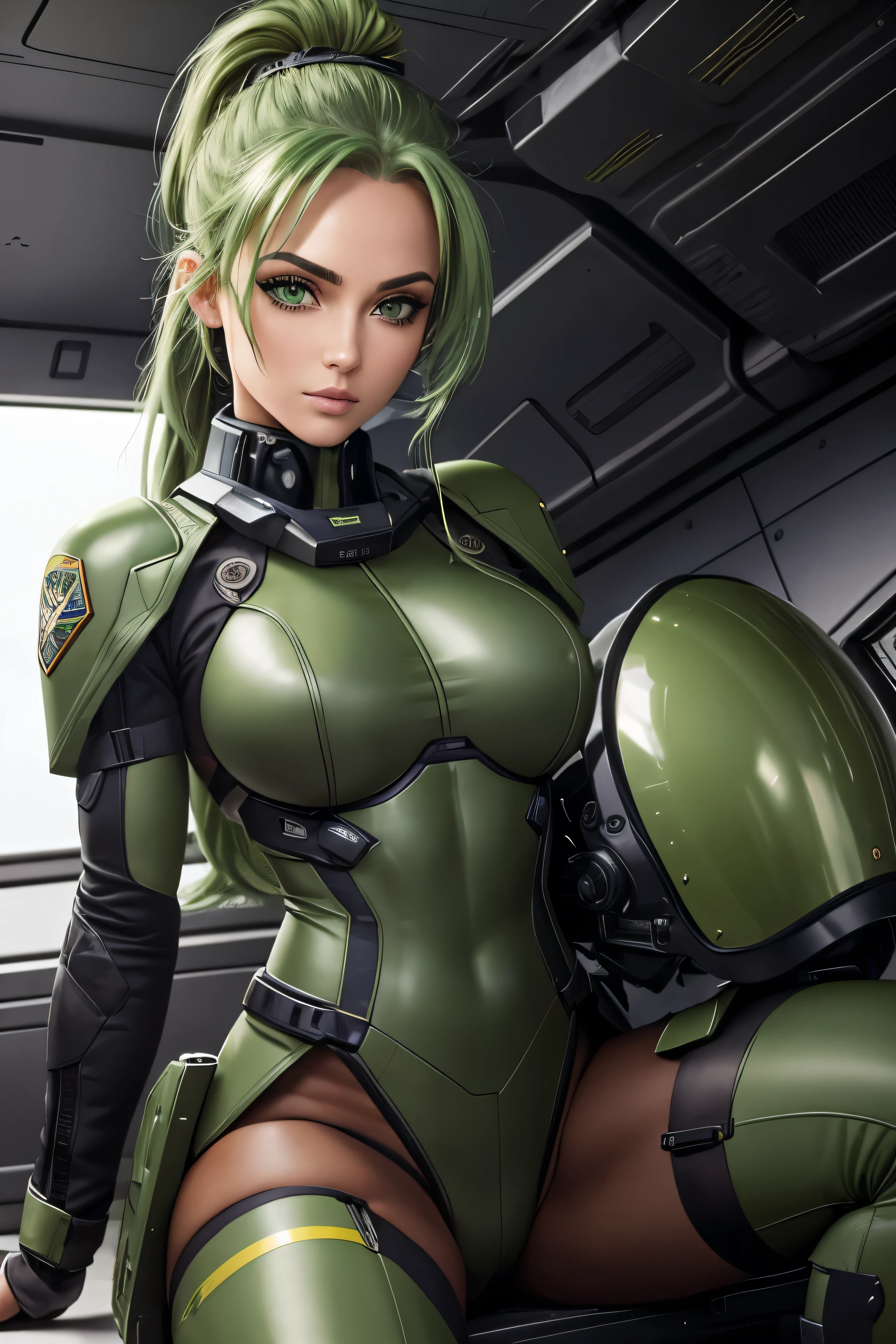 (extremely detailed photo 8k), full body shot photo of the most beautiful artwork, beautiful woman soldier, green hair, cleavage, wearing intricate advanced futuristic blue power armor, propped up on one elbow, cinematic lighting, very detailed face and eyes, park in background, high quality photo