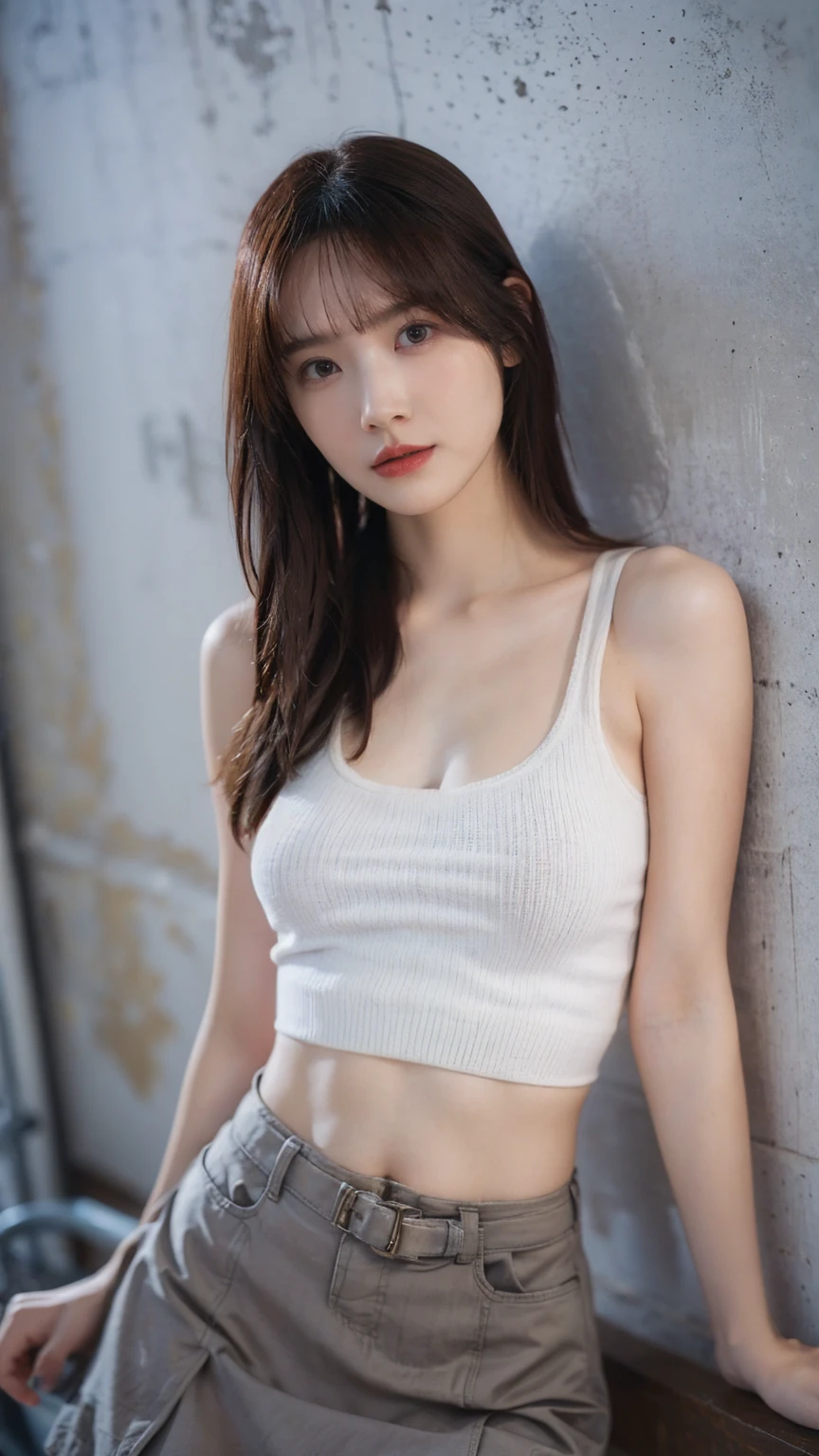 Girl in white bra and tight denim skirt posing for photo, full body, with cropped T-shirt, bra, slim body, smaller bust, slim girl model, 24-year-old female model, lying on the construction site, a group of black men onlooking