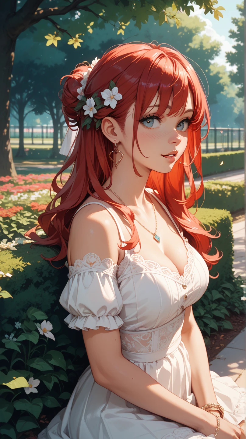 score_9, score_8_up, score_7_up,
best quality, masterpiece, ultra detailed,
22 years old, 170 cm height, 
<lora:Expressive_H:1>, expressiveh, light smile, blush, closed mouth,
nose, lips,
looking at viewer, portrait, from side, dynamic pose, 
<lora:Everlasting_Summer_Ulyana_adult_verion_by_GraffMetal_V1:1>, ulyana, long hair, red hair, blue eyes, dark skin, face freckles, , body freckles, bangs, hair between eyes, solo, straight hair,
flower wreath on the head, red dress, cleavage, bow, 
amazing background, bokeh background, blurry background, outside, cozy, sunset, nature, flowers field,