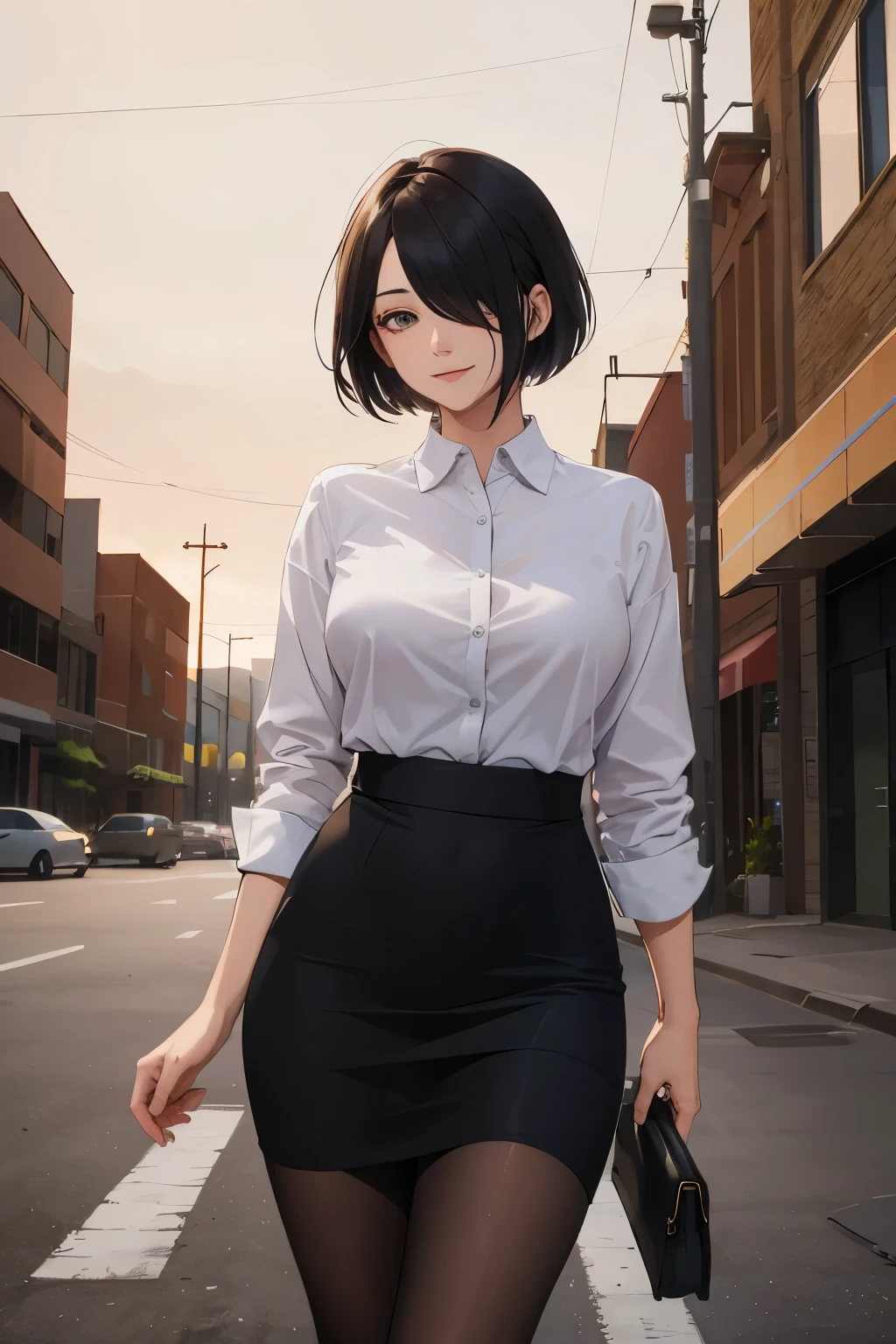(best quality,absurd res:1.3),(illustration:1.1),(bokeh photography:1.1) ((anime style)),perfect lighting,1girl,beautiful face,(light smile:1.1),(shiny skin:1.3),(bashful:1.1),
marina ba, black shirt, White open jacket, parted lips, open clothes, black eyes, short hair, black hair, Side-swept Hairstyles, white pants
