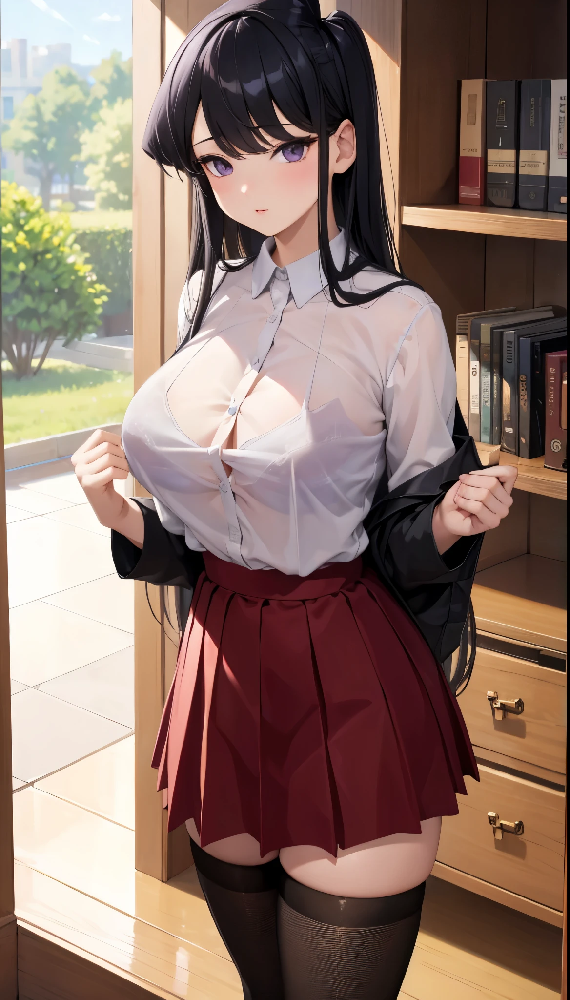 Masterpiece, best quality, highres, highly detailed, 1 girl, long hair, black hair, lavender eyes, large breast, unbottened slevess shirt, black bra, bra see through from under shirt , red skirt, black stocking, inside, book, dolls, looking at viewers,