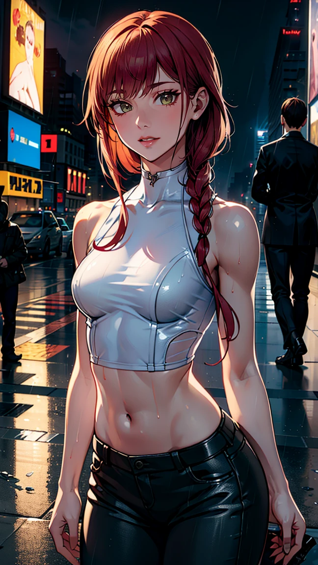 Natural redhead woman (perfect and sexy face) blue eyes and perfect figure (angry expression after having had a fight) (fitness body) dressed in a torn astronaut outfit (showing breasts through torn clothes)(exposed breasts) (perfect and symmetrical breasts) (do not deform body parts) in a city environment (roof of a building), robotic arm and a normal arm (cyberpunk), special detail in his hands and not deforming parts of the face