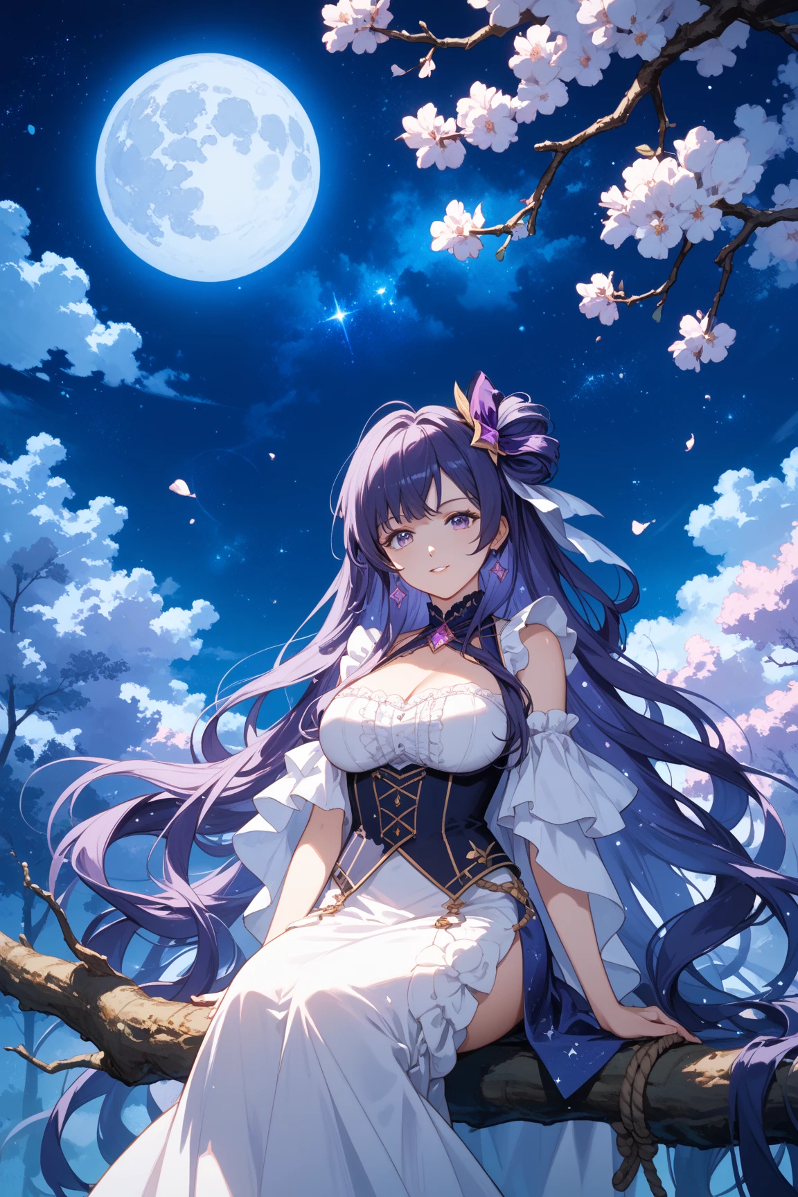 1 girl, red-violet hair, very long hair, violet eyes, pretty eyes, large eyes, big lips, bright lips, very curvy body, big breasts, long legs, big butt, Wide hips, thick thighs, Defined image, seductive look, full moon night, big full moon, Moon Goddess, evening, elegant nightgown, goddess dress, powerful Moon Goddess, legendary Moon Goddess, greatest Moon Goddess