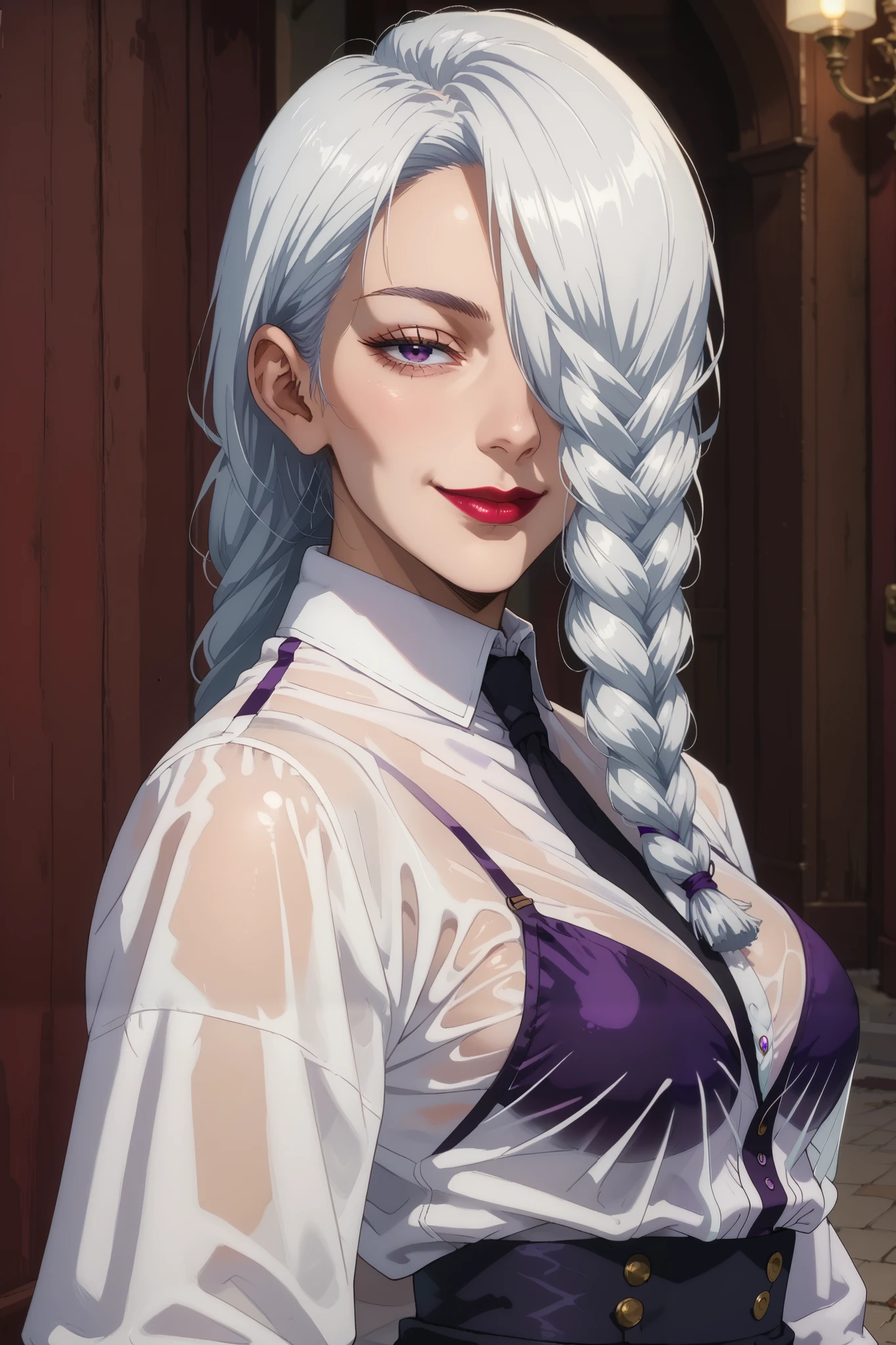 score_9_up, score_8_up, score_7_up 1girl, purple nails, mature female, ChopioMeiMei, white hair, long hair, braided ponytail, front pontytail, purple eyes, braid, hair over one eye, one eye covered, red lips, lipstick, half-closed eyes, looking at viewer, smile, closed mouth, purple nails, purple bikini, transparent white shirt, standing, posing, side-tie