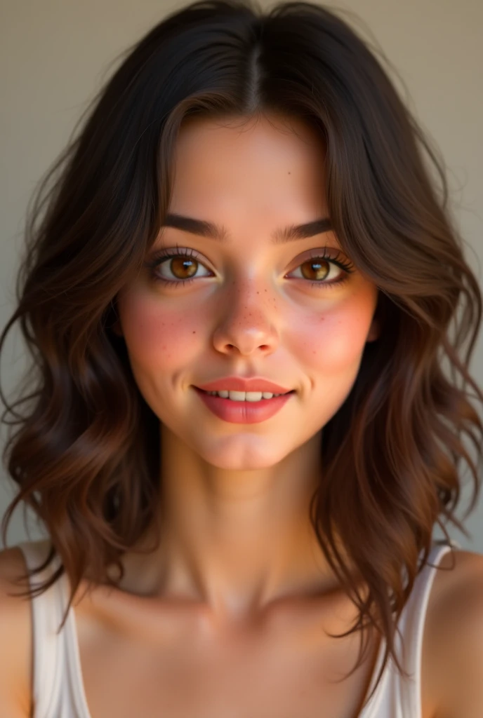 vestindo (top), retrato, rosto bonito, holding a small blank piece of , lindos olhos, olhos abertos, hiper-realista, textura realista, natural lighting, Motor irreal, trends on ArtStation, cinema 800, 