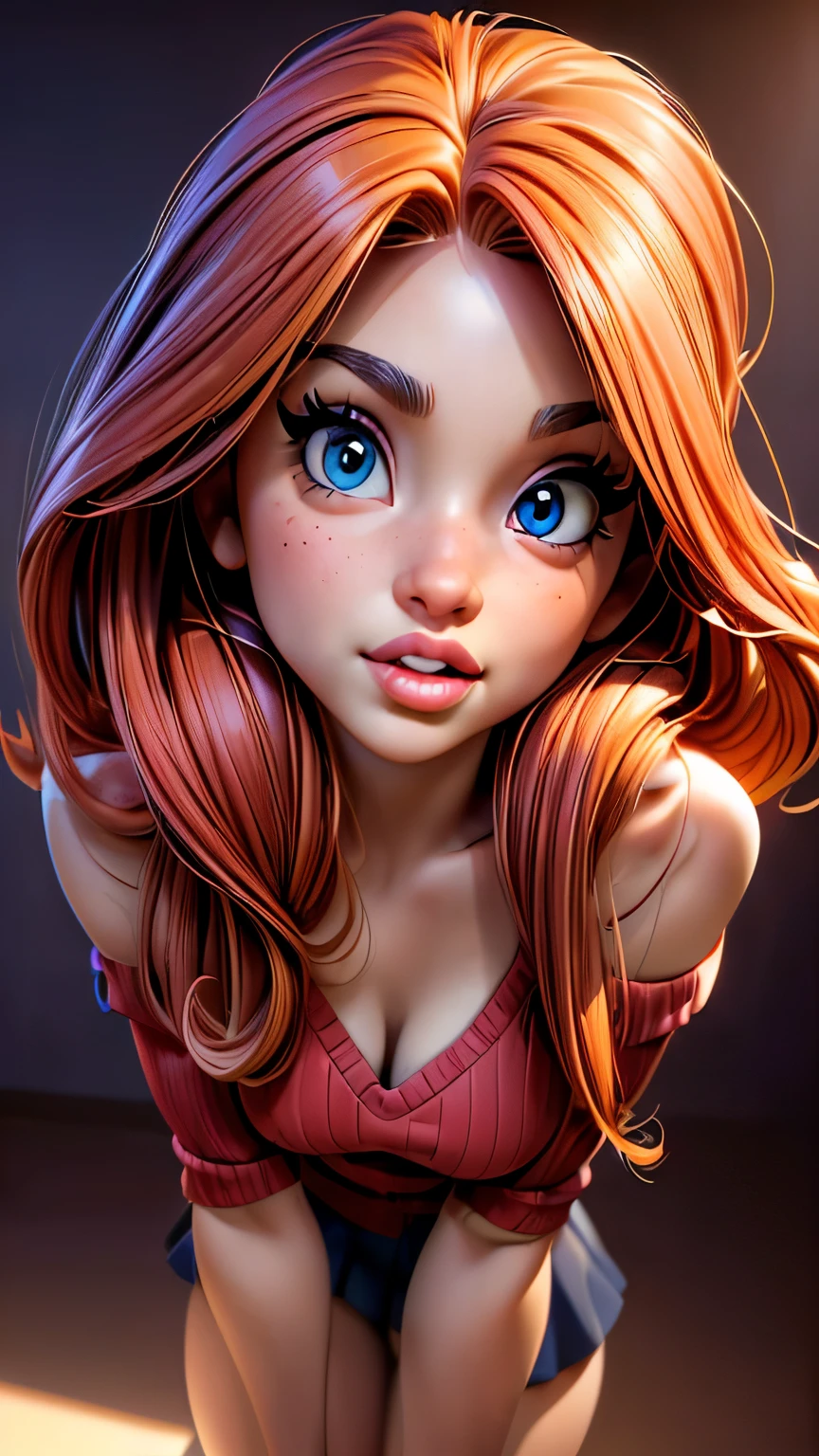 standing on the balls of her feet, bow legs, colorful photo, Stunning model posing with red thigh high boots, short skirt, and red top, (shoulders back:1.1), (looking at me:1.5) inviting lips, sultry eye contact, (Masterpiece, Professional lighting, 16k, 8k wallpaper, raw photo, photorealistic:1.8, ultra detailed, natural lighting, detailed skin, detailed face, detailed eyes), 1 beautiful playful girl, long curly blond hair with bangs, blue eyes, sexy gaze, (lips apart:1.2), (two front teeth overbite:1.0) age:31