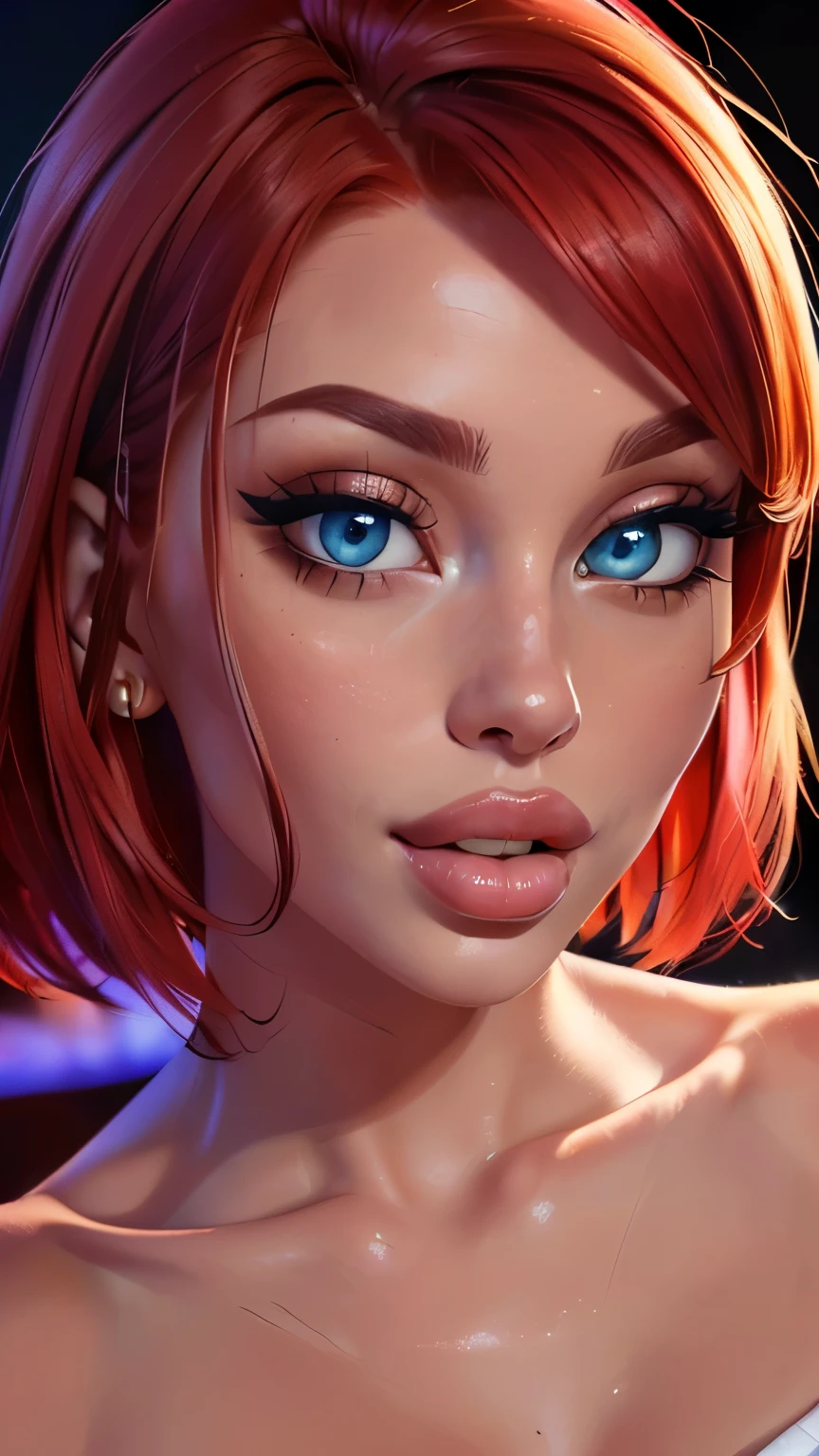 3/4 body shot (sexy red haired young woman,perfect body,posing,model,stage,luxury hall),(oil painting),(detailed face,beautiful eyes,detailed lips, lips apart),(best quality,highres:1.2),(realistic),(portrait),(vibrant colors),(soft lighting), ((confident:1.7)), ((joyful:1.2)), short messy haircut