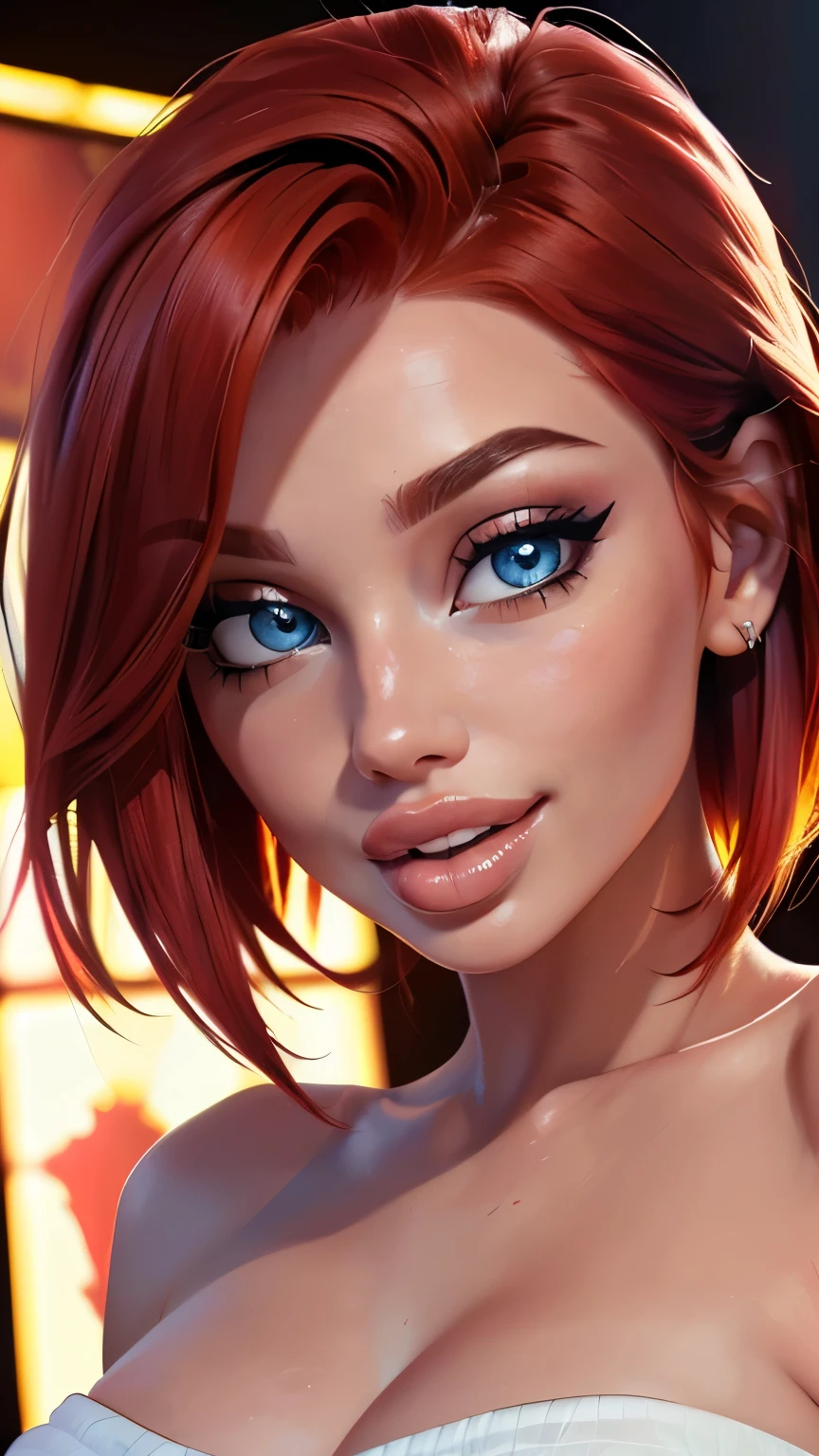 3/4 body shot (sexy red haired young woman,perfect body,posing,model,stage,luxury hall),(oil painting),(detailed face,beautiful eyes,detailed lips, lips apart),(best quality,highres:1.2),(realistic),(portrait),(vibrant colors),(soft lighting), ((confident:1.7)), ((joyful:1.2)), short messy haircut