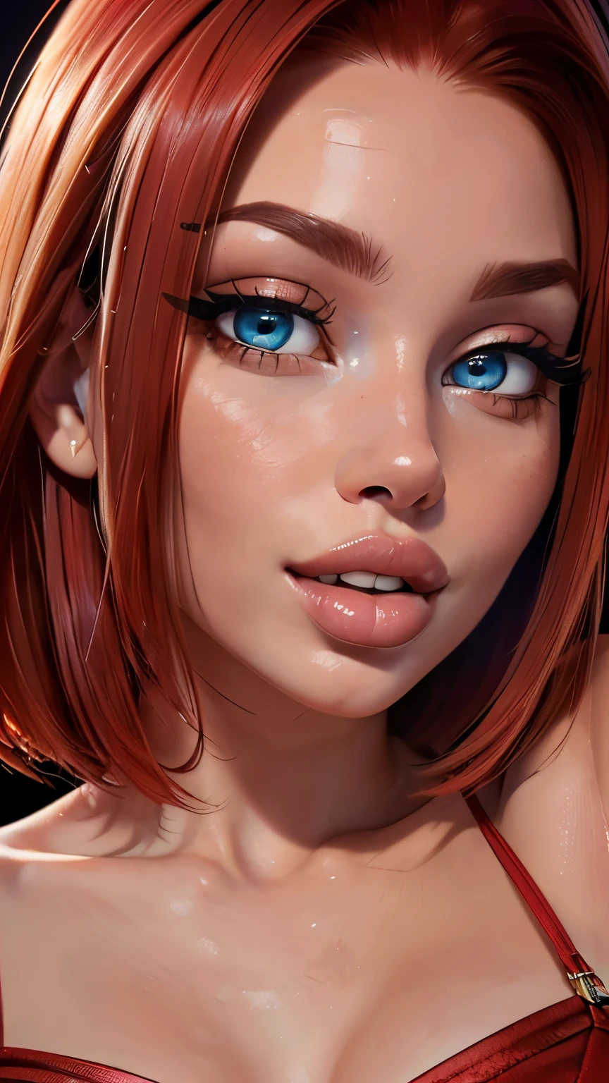 3/4 body shot (sexy red haired young woman,perfect body,posing,model,stage,luxury hall),(oil painting),(detailed face,beautiful eyes,detailed lips, lips apart),(best quality,highres:1.2),(realistic),(portrait),(vibrant colors),(soft lighting), ((confident:1.7)), ((joyful:1.2)), short messy haircut