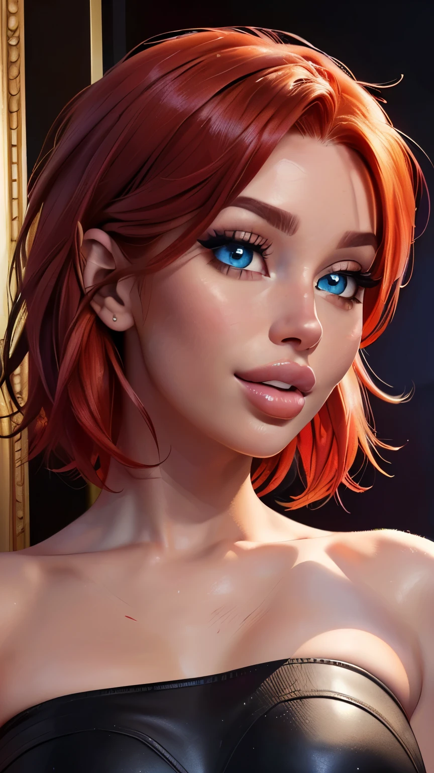 3/4 body shot (sexy red haired young woman,perfect body,posing,model,stage,luxury hall),(oil painting),(detailed face,beautiful eyes,detailed lips, lips apart),(best quality,highres:1.2),(realistic),(portrait),(vibrant colors),(soft lighting), ((confident:1.7)), ((joyful:1.2)), short messy haircut