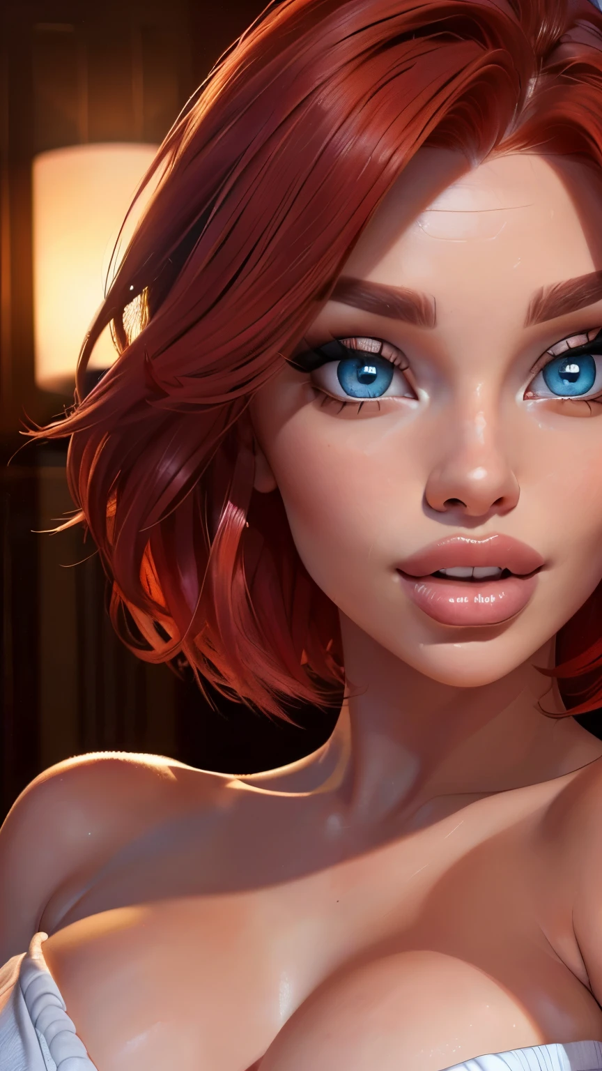 3/4 body shot (sexy red haired young woman,perfect body,posing,model,stage,luxury hall),(oil painting),(detailed face,beautiful eyes,detailed lips, lips apart),(best quality,highres:1.2),(realistic),(portrait),(vibrant colors),(soft lighting), ((confident:1.7)), ((joyful:1.2)), short messy haircut