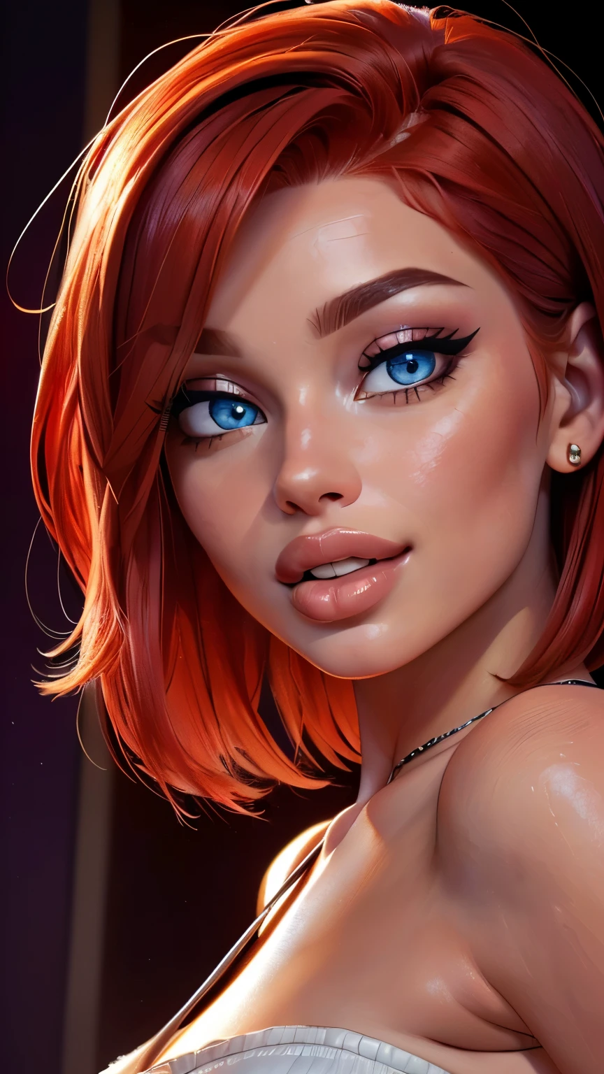 3/4 body shot (sexy red haired young woman,perfect body,posing,model,stage,luxury hall),(oil painting),(detailed face,beautiful eyes,detailed lips, lips apart),(best quality,highres:1.2),(realistic),(portrait),(vibrant colors),(soft lighting), ((confident:1.7)), ((joyful:1.2)), short messy haircut