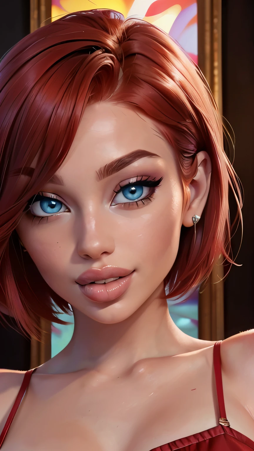 3/4 body shot (sexy red haired young woman,perfect body,posing,model,stage,luxury hall),(oil painting),(detailed face,beautiful eyes,detailed lips, lips apart),(best quality,highres:1.2),(realistic),(portrait),(vibrant colors),(soft lighting), ((confident:1.7)), ((joyful:1.2)), short messy haircut