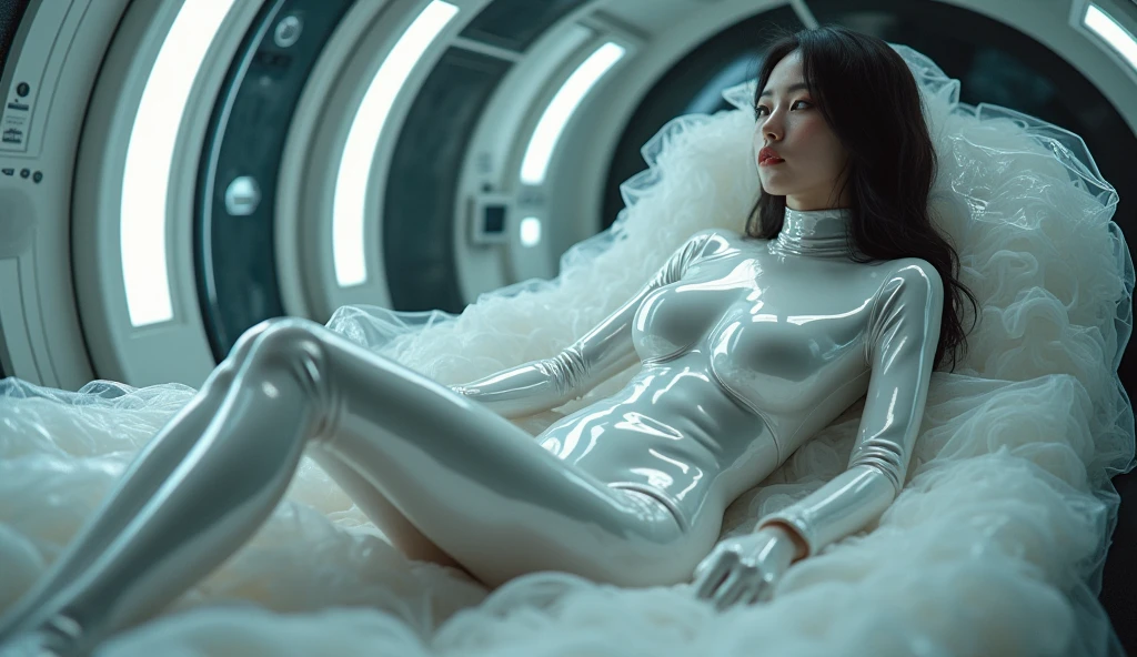 A full shot view of a beautiful Filipina cyborg woman awakens after a century-long slumber inside a destroyed spacecraft. Her body lies in a capsule and appearance is a biomechanical fusion of flesh and alien alloy, showcasing intricate skeletal structures fused beneath her skin. Her metallic spine connects seamlessly with a biomechanical tube leading to a biomechanical statue not far from her. The scene resembles the organic machines of H.R. Giger, with a hyper-detailed Gigerian landscape