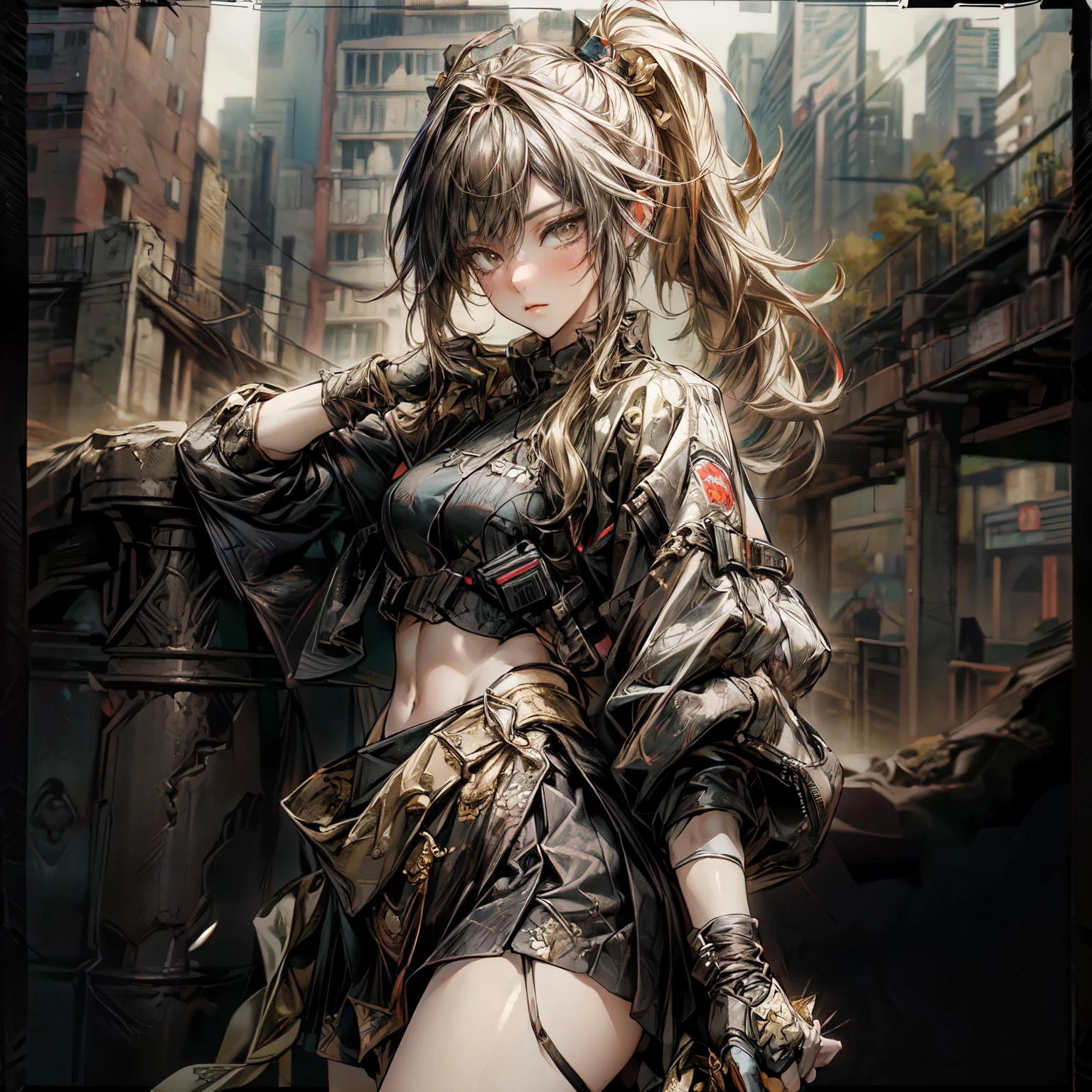 ((best quality)), ((Masterpiece)), ((Enrich the picture,Masterpiece level quality)), ultra background details, an image of a beautiful cyberpunk woman, mature woman, fierce woman, FBI uniform, หมวกตำรวจ, future theme, (( high long ponytails, golden hair)), golden eyes, mini , black mini skirt, jacket, ผู้คน, office, ตุ้มหู, headgear, gloves