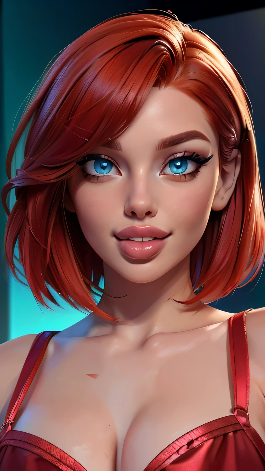3/4 body shot (sexy red haired young woman,perfect body,posing,model,stage,luxury hall),(oil painting),(detailed face,beautiful eyes,detailed lips, lips apart),(best quality,highres:1.2),(realistic),(portrait),(vibrant colors),(soft lighting), ((confident:1.7)), ((joyful:1.2)), short messy haircut