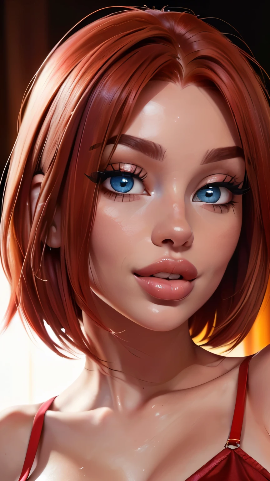 3/4 body shot ( red haired young woman,perfect body,posing,model,stage,luxury hall),(oil painting),(detailed face,beautiful eyes,detailed lips, lips apart),(best quality,highres:1.2),(realistic),(portrait),(vibrant colors),(soft lighting), ((confident:1.7)), ((joyful:1.2)), short messy haircut