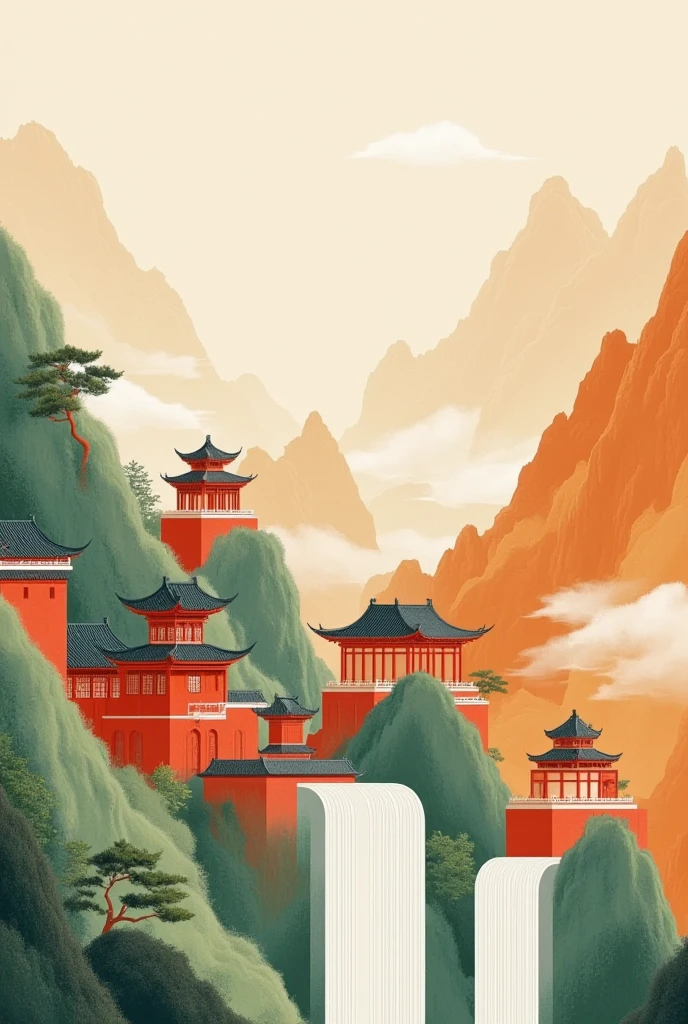 There are seven buildings in the mountains, Yinian Xiaoyao style, 2D game environment design, mobile game art, Chinese martial arts, Chinese style, game map mask painting, game background illustration, background art, temple background, tavern, Shaolin temple, boxing gym