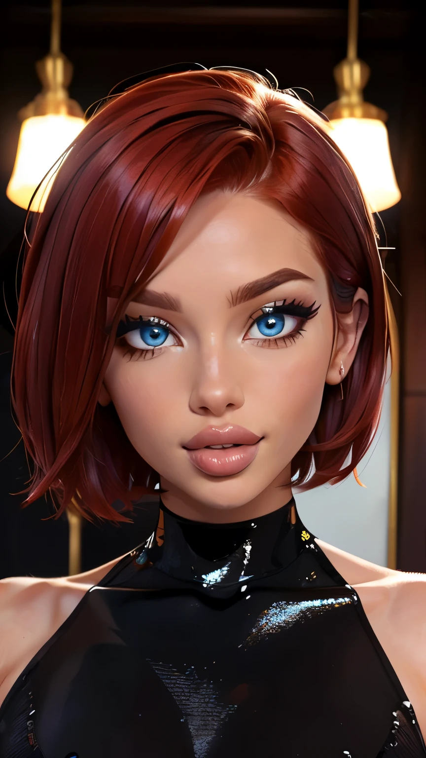3/4 body shot (sexy red haired young woman,perfect body,posing,model,stage,luxury hall),(oil painting),(detailed face,beautiful eyes,detailed lips, lips apart),(best quality,highres:1.2),(realistic),(portrait),(vibrant colors),(soft lighting), ((confident:1.7)), ((joyful:1.2)), short messy haircut
