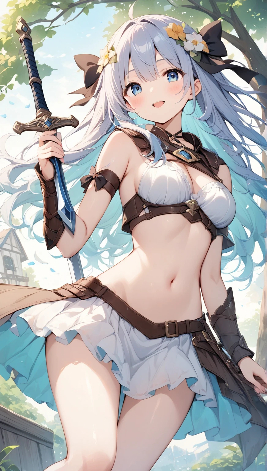 (masterpiece:1.2), (highest quality:1.2), perfect eyes, perfect face, perfect lighting, middle ages, grassland, Rock Shade, , 1 girls,blonde aqua eye, ((hair over one eye)), ((((wavy hair)))), spiked hair, (medium hair:0.7), ponytail, ((((white bikini armor)))), cute eyes, open mouth, ((from above)), ((front)), ((arms behind head)) , ((spread legs)), (glaring), spoken heart, (big breasts), nipple, ((((cum on body)))) , abs, ((disdain)), organis , ahegao, (faceless male), hetero, penis, ((breathless)), Sweat