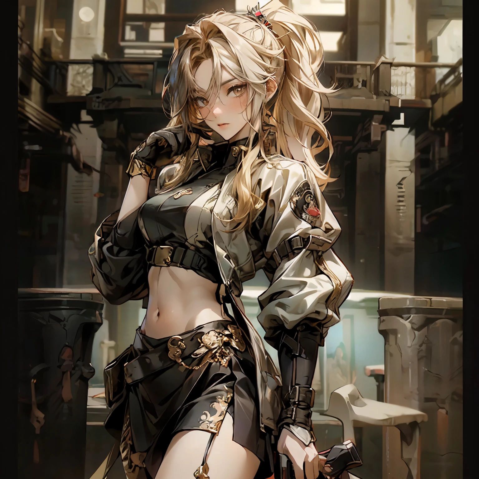 ((best quality)), ((Masterpiece)), ((Enrich the picture，Masterpiece level quality)), ultra background details, an image of a beautiful cyberpunk woman, mature woman, fierce woman, FBI uniform, หมวกตำรวจ, future theme, (( high long ponytails, golden hair)), golden eyes, sexy mini bikini, sexy black mini skirt, sexy jacket, ผู้คน, office, ตุ้มหู, headgear, gloves