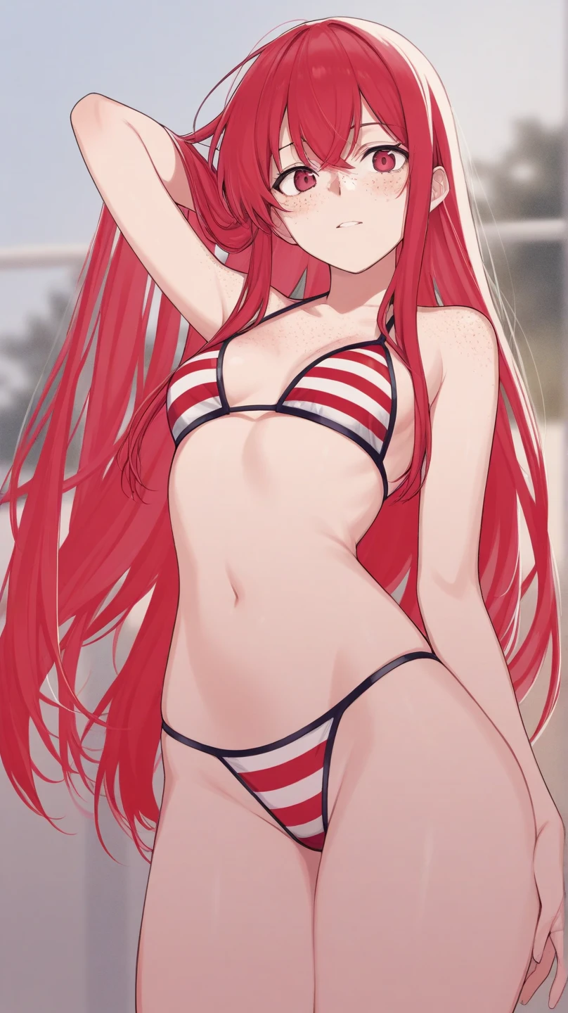 score_9,score_8_up,score_7_up, source_cartoon, source_furry, furry girl, cat, 2, red hair, Knight bangs hairstyle, long ponytail, anime style, natural big breasts, blue eyes, ((bright pink bikini bandeau with bow in the center, side bows at the bottom, wide-brimmed hat)), high quality, detailed body, detailed eyes, detailed face, masterpiece, glistening body, detailed body fur, best quality, two tone body, pink fur, clear pink fur, perfect lighting, perfect shadows, perfect eyes, perfect hair, perfect face, gorgeous body, skinny, standing, solo, :3, smilling, beach, clear sky, full body, feets with three toes, 3 toes, thick outline, anthropomorphic, countershading,