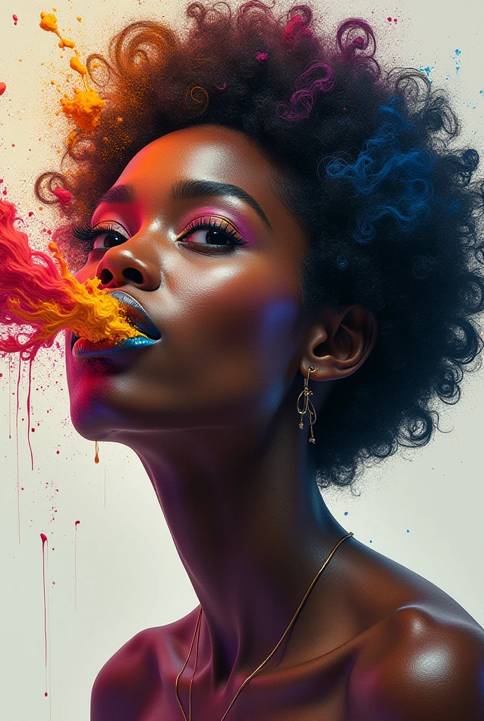 woman middle shot, splash of milk, thick fruits splash milk everywhere, vibrant photography style, african woman, (close mouth:1.1), explodes fruit and berries, powerful shot, cinematic, raw, 4k, colorful, chaotic, artwork, cover, cinematic background  <lora:splashes_v.1.1:1>