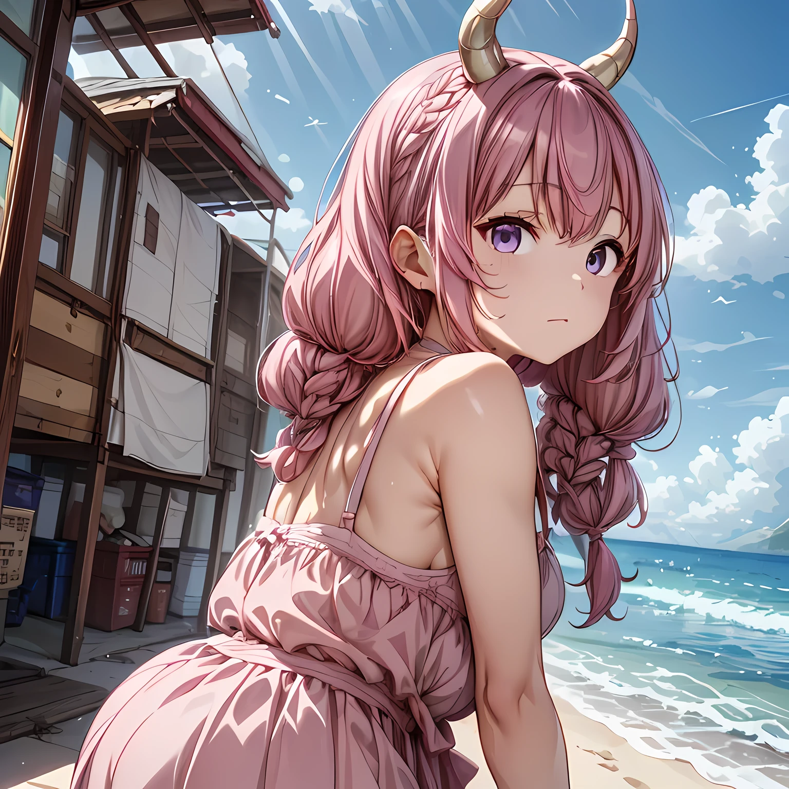 (( best quality )), An unwritten cover、Representative anime、 Aura on the Guillotine、Front shot of Aura、Beautiful purple eyes 、 Sea where you can see the horizon 、beach、 single shot 、Young face、、 puffy face、profile、 lean forward、Backwards、 Looking Back、 chubby、Hide your arms、 crosses his hands behind his back、 take your eyes off 、 I don't look at the camera、Watch the warm light 、( pink hair、 hide your ears with puffy hair、 plump hair 、 pink hair、 4 droopy hairs braided at the ends:1.3)、( Two thick golden horns growing from the head:1.2)、 small nose、Simple swimsuit、