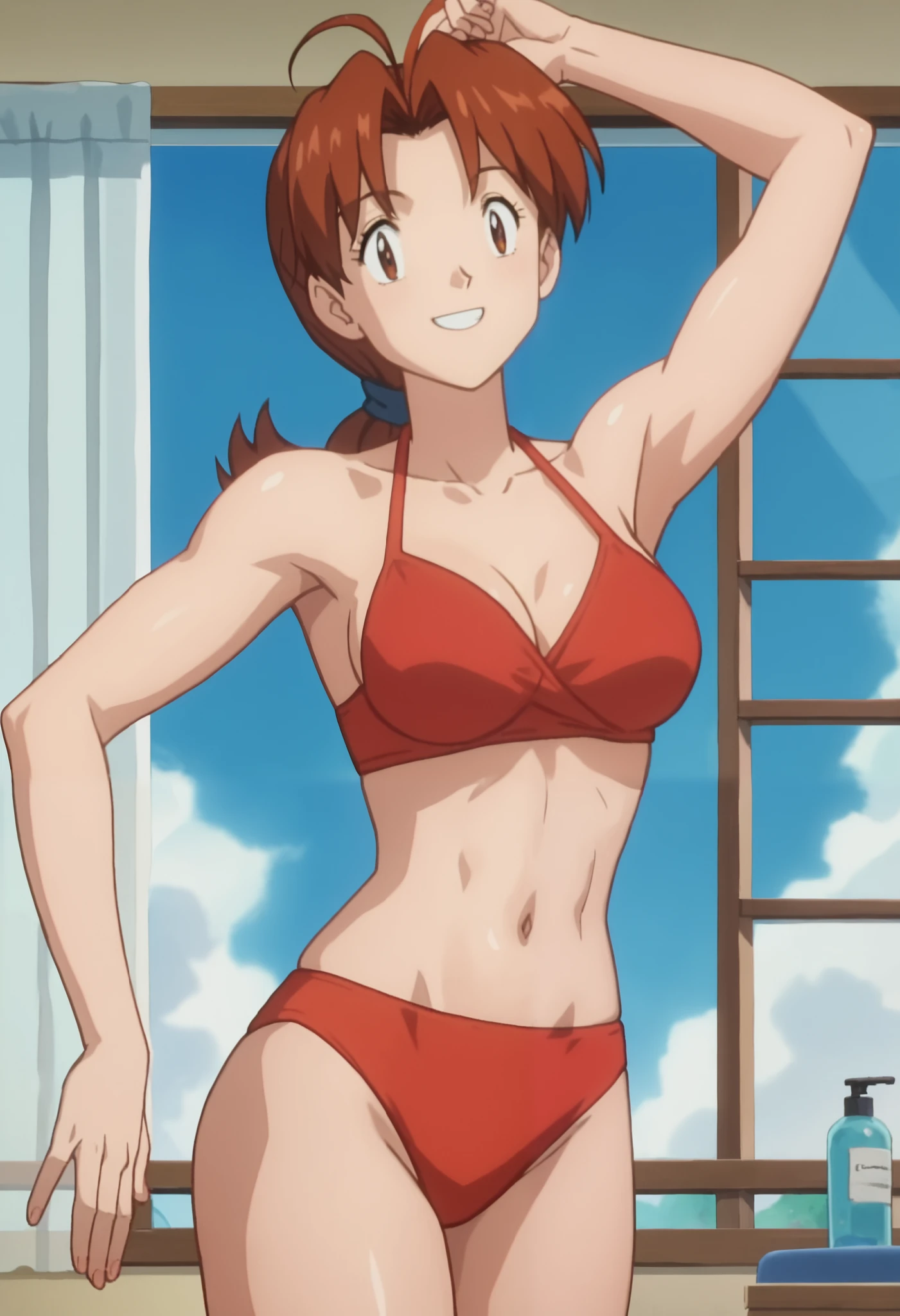 score_9, score_8_up, score_7_up, score_6_up, anime screencap, anime coloring, PMDeliaK, 1girl, solo, brown hair, ponytail, ahoge, long hair, parted bangs, brown eyes, hair tie, (soft biceps:0.5), bare shoulders, medium breasts, long thighs
red bikini, 
smile, looking at viewer, standing, dancing
BREAK, indoors, blue sky, sunbeam,