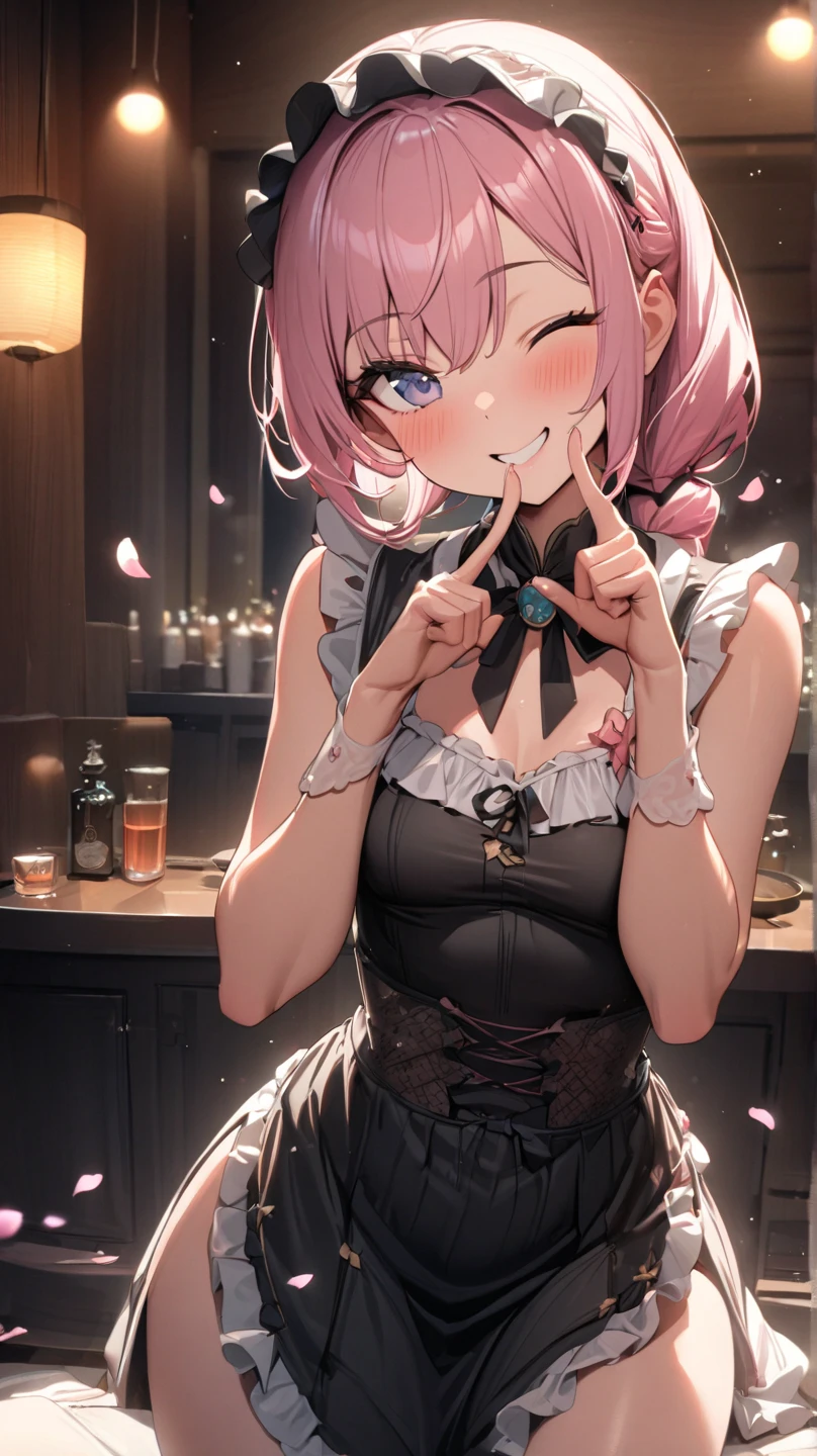 One girl, Pink long twin tails, High resolution, Bunny ears, A shy smile, White Bunny Girl,In the background is a casino with a tray of glasses in one hand.,I'm not wearing glasses