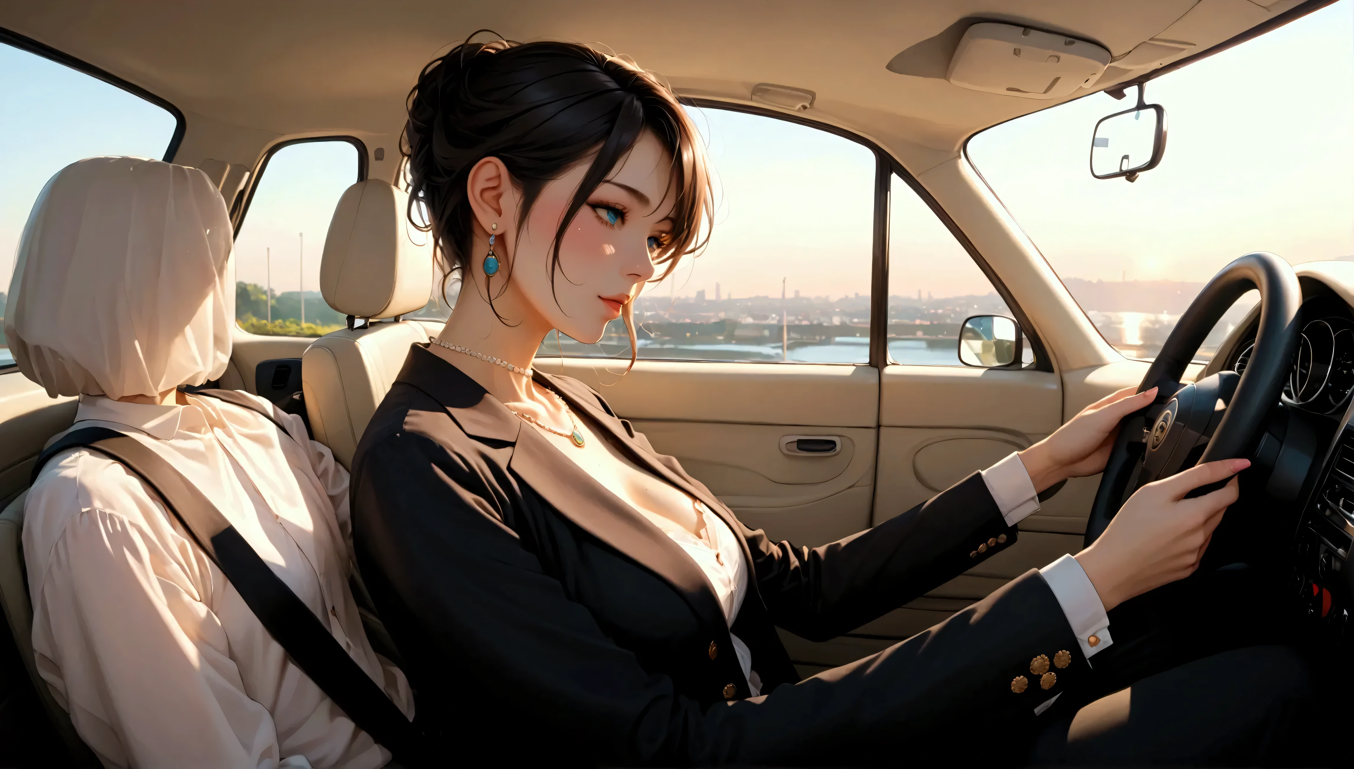 Masterpiece, Best quality, Realistic, 1人, cute female, Sexy and charming girl, 25 years old, Very attractive look, Extremely detailed face, ((dark gray eyes)), ((Right sweep dark brown short hair)), [Slender eyebrows], Detective, International city, a white long skirt，Chest leakage，Bigchest，high-heels,， Cinematic lighting, holding a gun, Postural dynamics,eyes looking at viewer，Sit in front of the car